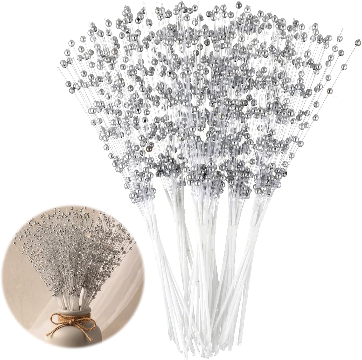 60 Pcs Wedding Pearl Sticks, 4mm Pearls String Beaded Bouquet Spray Filler Floral Arrangements, Silver Flowers Stick Stems Bouquets Christmas Tree Picks Wedding Party Decoration