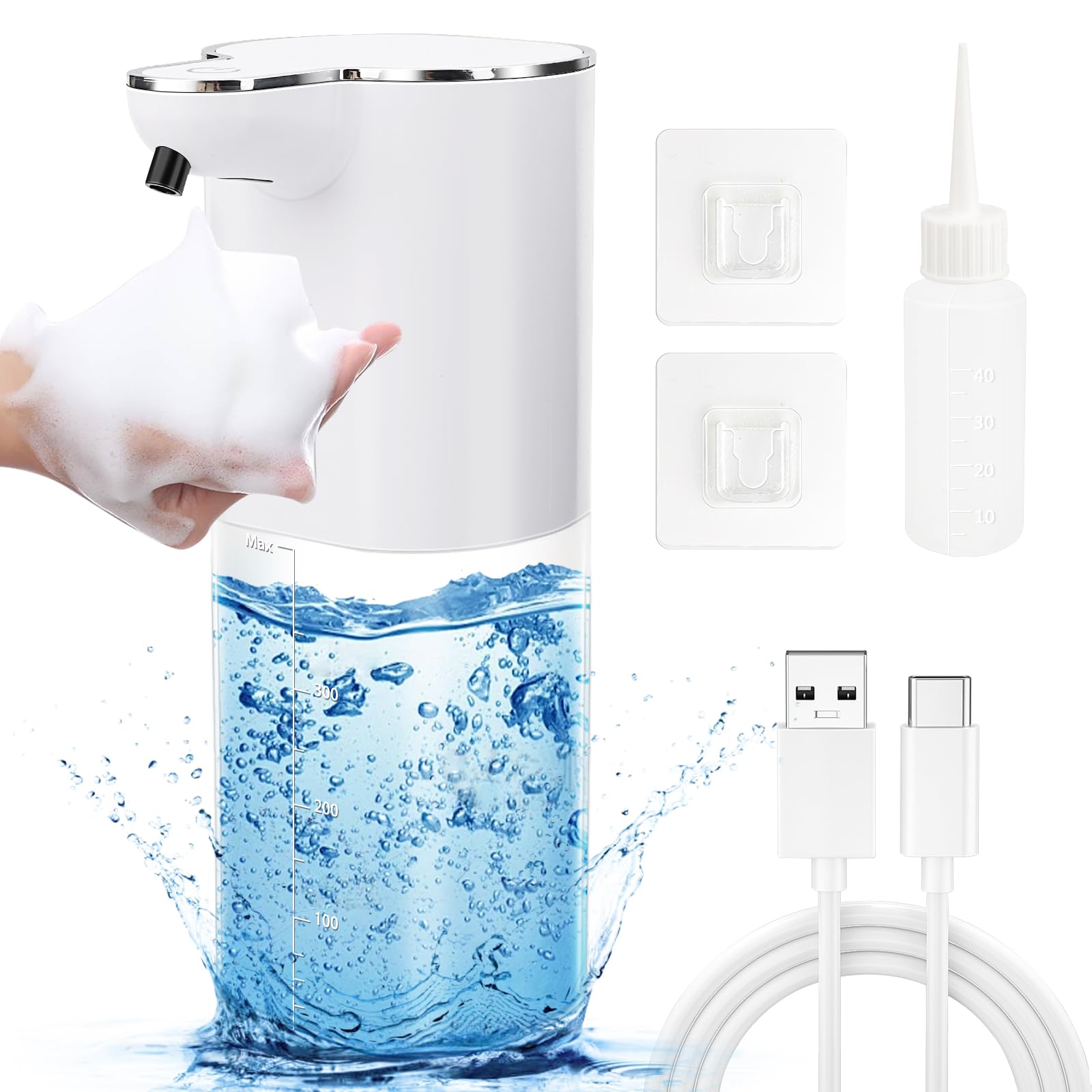 Automatico Dispensador Jabon Baño, 400 ml Dispensador de jabón automático para Pared, Carga USB con Sensor Dispensador Jabon Cocina, Apto para Cocina, Baño, Hotel- Blanc