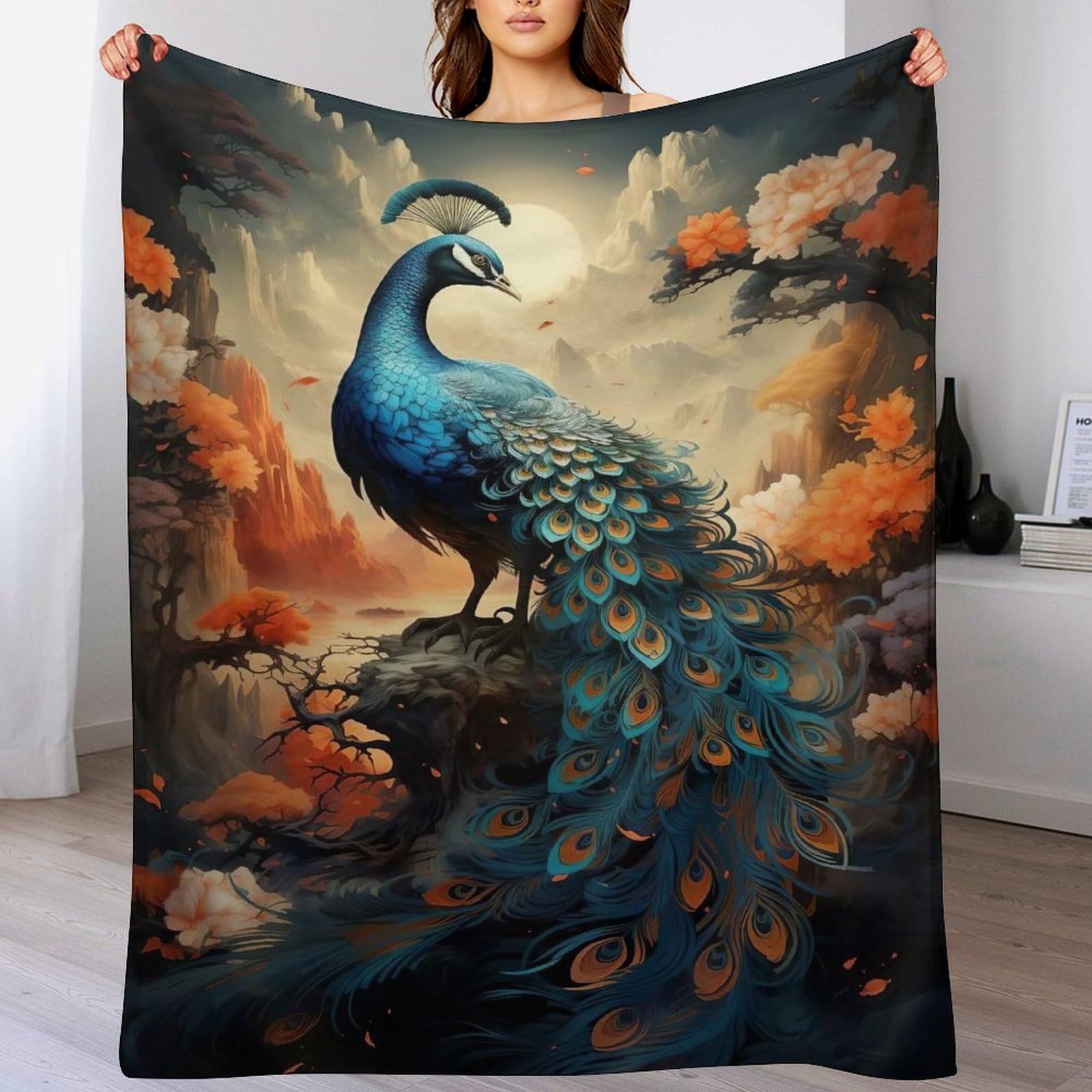 Couverture canapé chaude en flannel polaire douce paon pour lit toutes saisons 180x200cm