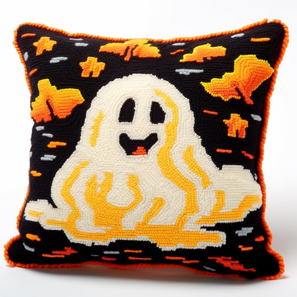 Happy Halloween Ghost Latch Hook Kits Pillow Printed Canvas Cushion Crochet Yarn Needlework Hook Latch Kit DIY Embroidery Pillowcase Rug Cover Home Sofa Christmas Decoration 43x43cm(5)