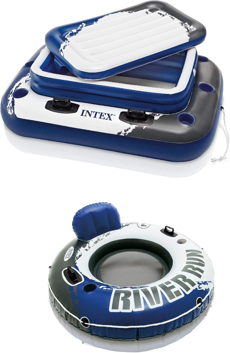 Intex Inflatable Mega Chill II 72 Can Cooler Float and River Run 1 Person Floating Water Lounge Chair Raft with Built-in Backrest and Cupholders