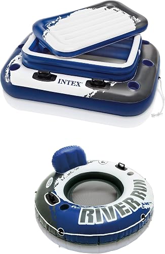 Intex Inflatable Mega Chill II 72 Can Cooler Float and River Run 1 Person Floating Water Lounge Chair Raft with Built-in Backrest and Cupholders