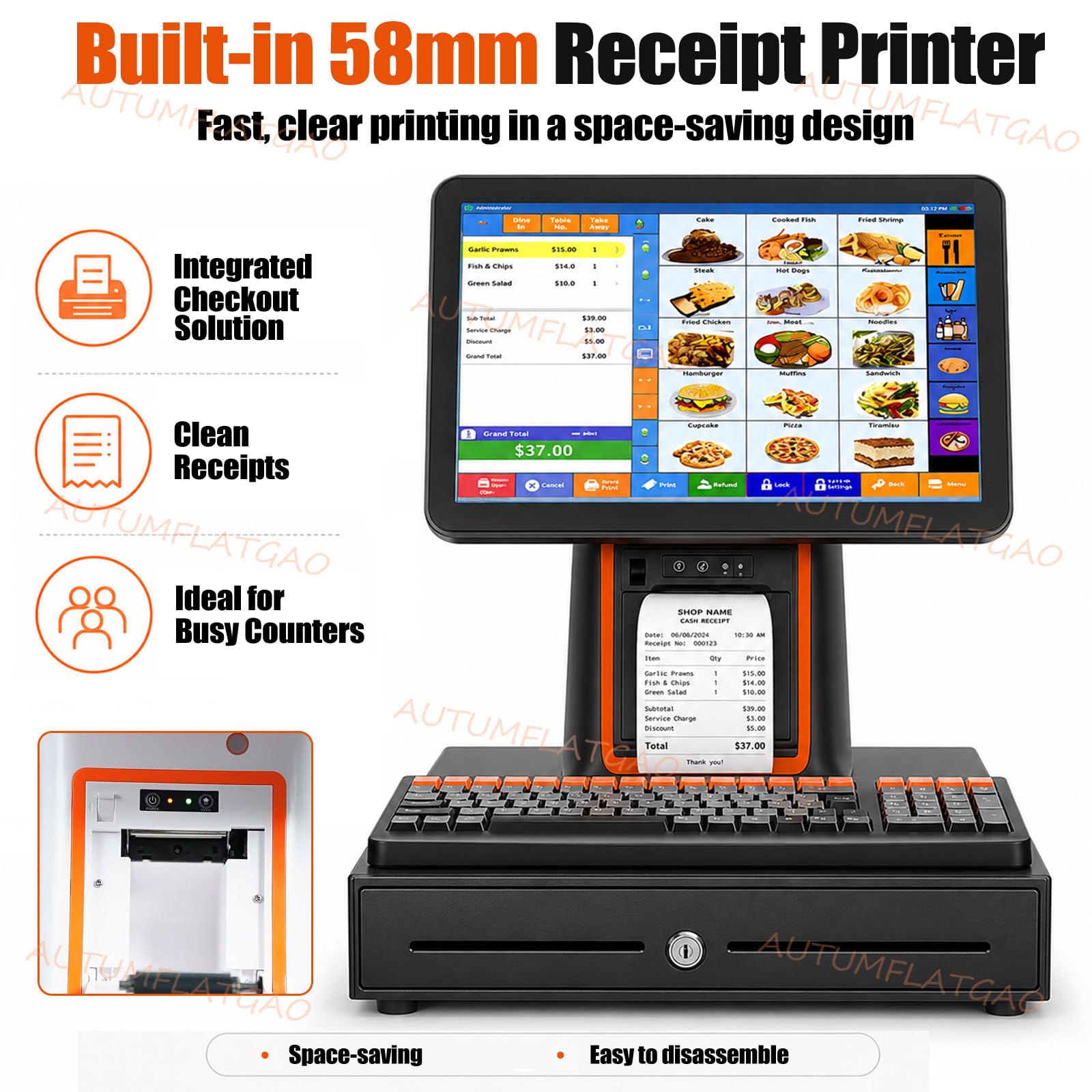 Registratore di Cassa Touch Screen per Negozi, Ristoranti E Bar, Pos Cassa con Stampante Integrata, Cassetto Portadenaro, Scanner Barcode, Display Cliente E Schermo da 15,6" White