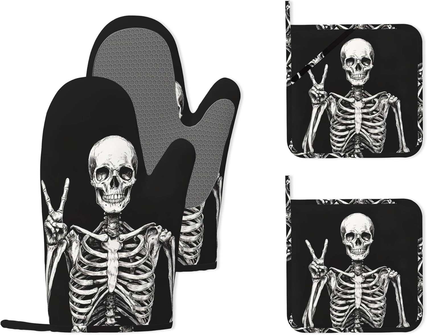 Funny Skull Heat-Resistant Silicone Oven Mitts and Pot Holders 4 Piece Set,Extra Long Non-Slip Kitchen Oven Gloves for Cooking, Baking, BBQ,Grilling