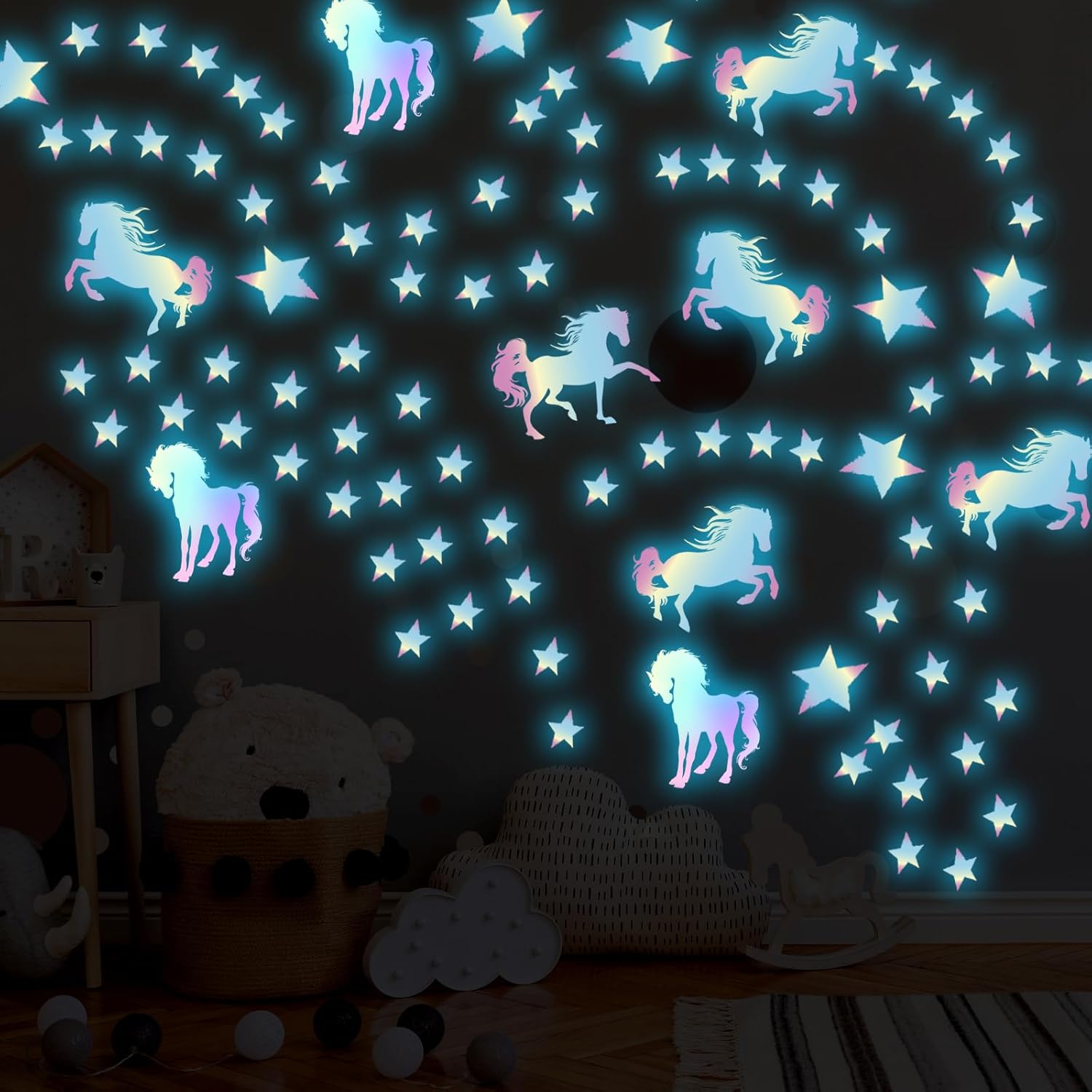 Glow in The Dark Unicorns Wall Decals Unicorns Stars Wall Stickers Decor for Baby Girls Bedroom Blue Luminous Glow Stars Ceiling Stickers for Baby, Birthday Present for Baby Boys - Image 4