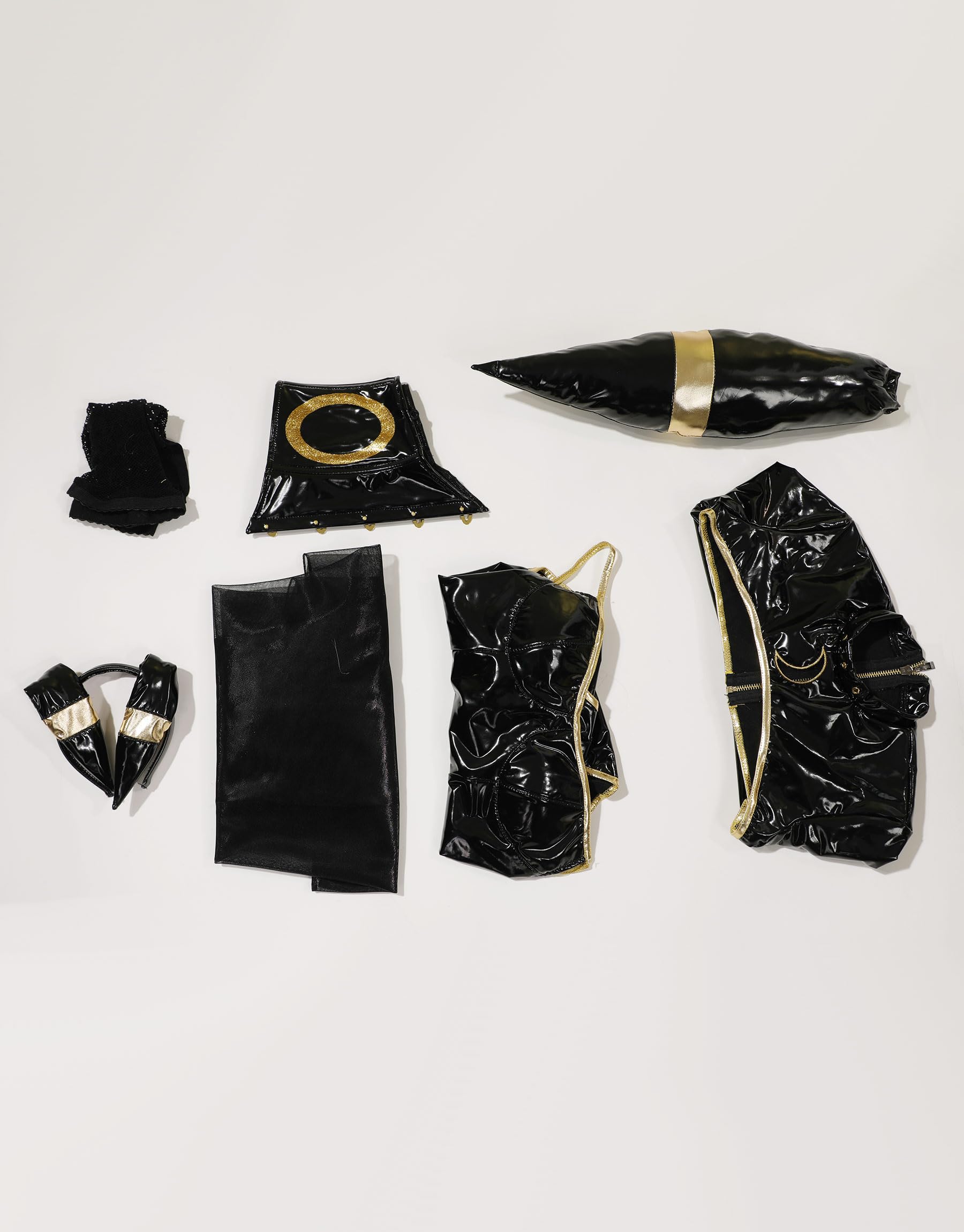 Mobbunny Anime Cosplay Costume for Women Black Bodysuit PU Leather Bodycon and Top with Chiffon Skirt Headband Tail