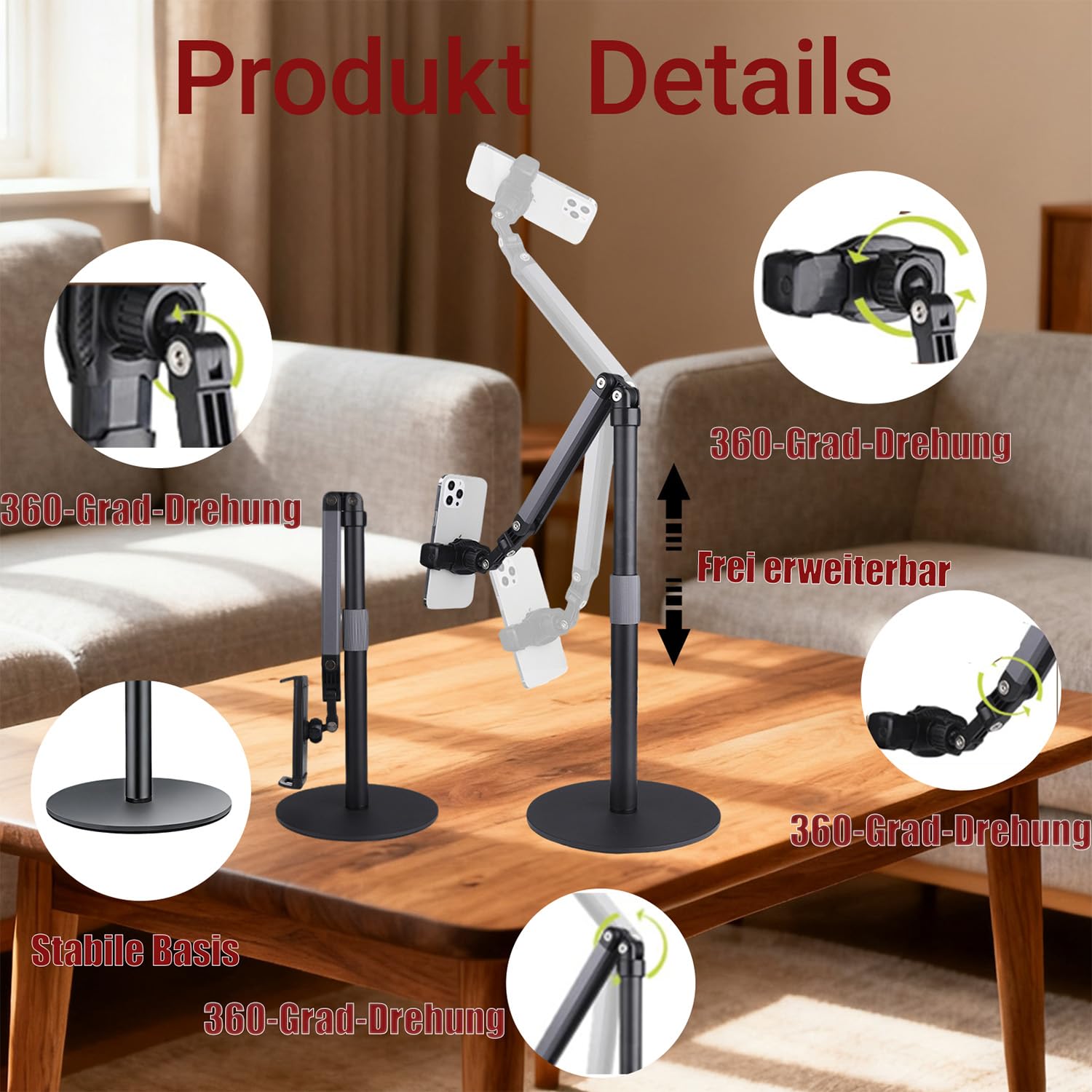 Handyhalterung Tisch,360° Schwenkbarer Handy Ständer Schreibtisch,Höhenverstellbar Handyhalter,Handy Halterung Tisch mit Stabilem Sockel,Phone Ständer für die Fotografie,Meetings (Schwarz)
