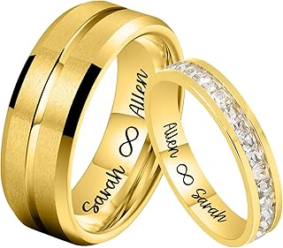 Personalized Matching Couple Rings Set, Custom Matching Promise Rings with CZ Stainless Steel Bands, Engagement Wedding Ring Sets for Him and Her Inside Engraving Names/Dates,Valentines Day Gifts