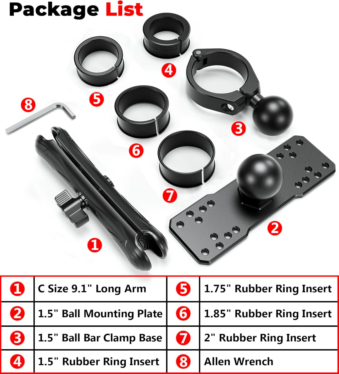 Aluminum Alloy 1.5" Ball Fish Finder Mount with Bar Clamp Base Fit 1.5'' 1.75'' 1.85'' 2'' 2.1'' Round Rail, 9.1" Long Arm Marine Electronic Mount for Garmin, Lowrance, Humminbird, Raymarine