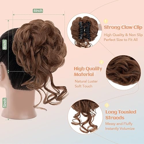 Miniatura 2 de S-noilite Extensiones de moño desordenado con clip de garra, moño falso con clip de garra, extensiones de moño de cabello rizado y ondulado,