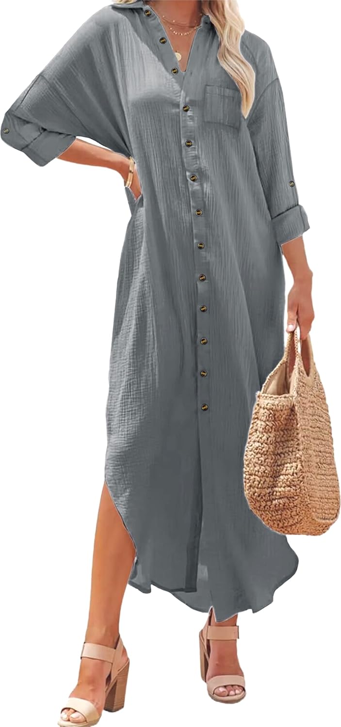 Kuraki Women's Casual Print Button Front Maxi Shirt Dress
