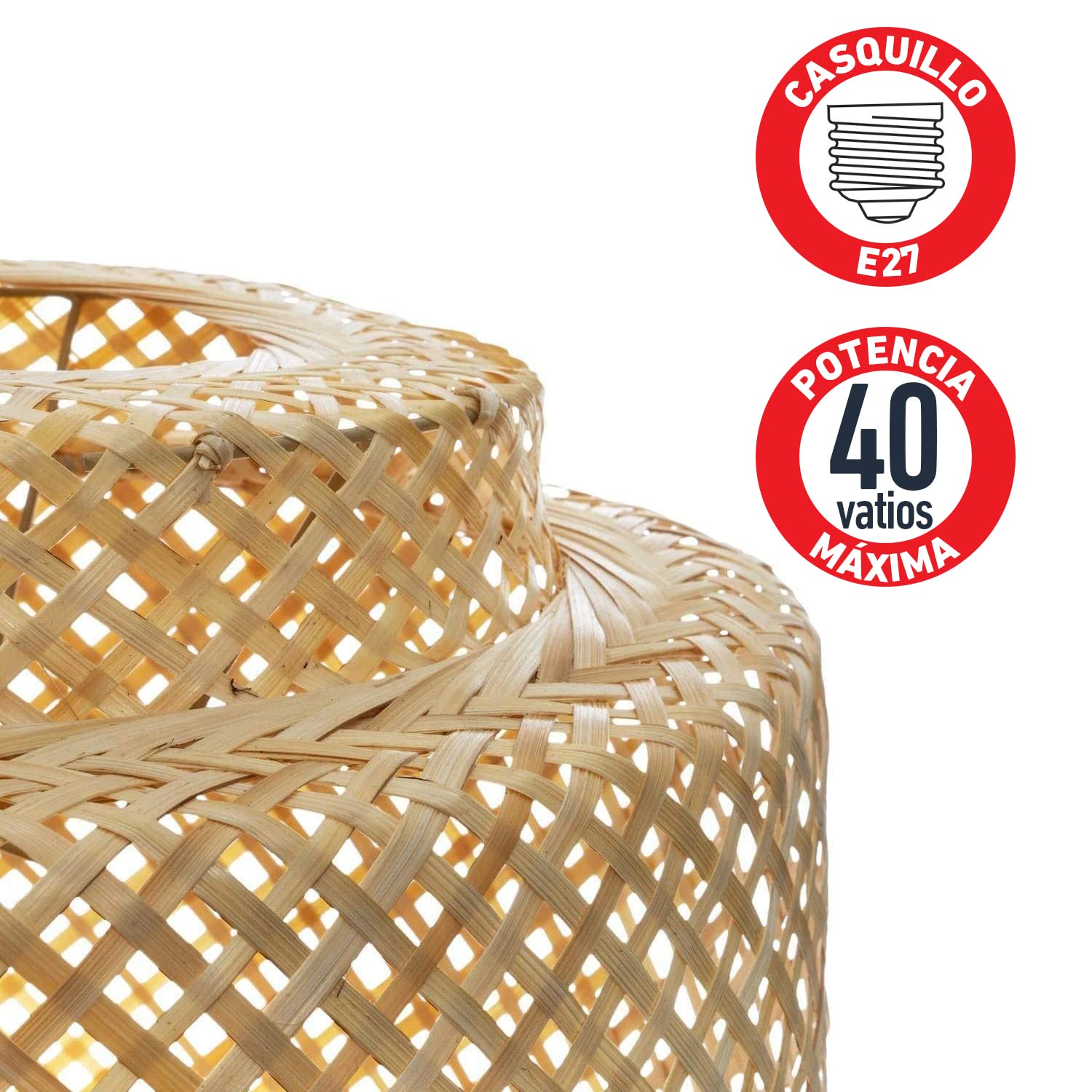 TIENDA EURASIA - Lampara Techo, Lampara Colgante Techo de Fibra de Bambu, Tamaño 38 x 40 cm, Casquillo E27, 40W Max, Cable 80 cm, Perfecta Lampara de Salon, Dormitorio, Estudio, Porche