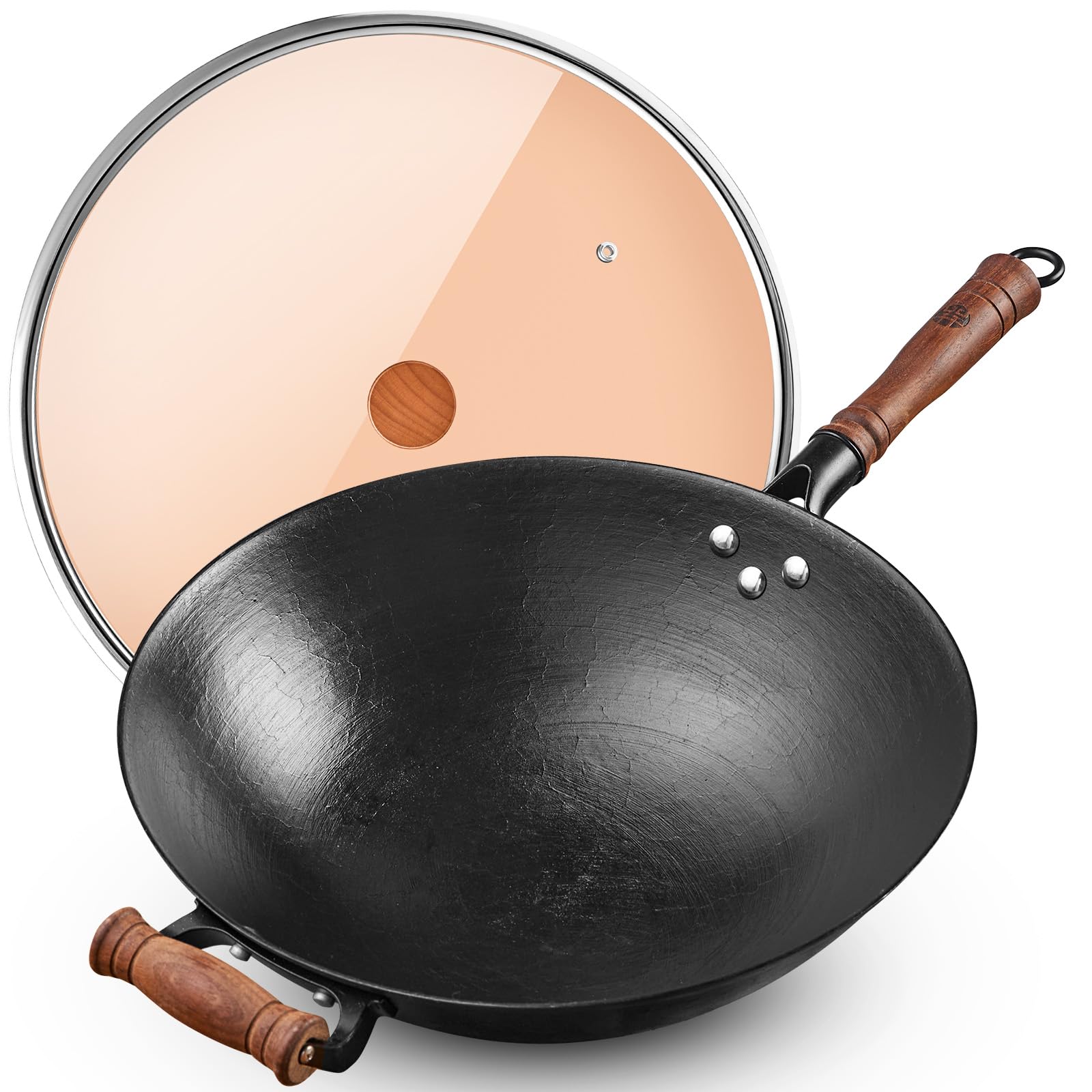 Photo 1 of WANGYUANJI 12.6” Cast Iron Wok with Glass Lid – Traditional Round Bottom Chinese Wok for Gas Stove & Open Flame (Wok Ring Required) – Uncoated Clay-Mold “Turtle Shell” Texture – Seasoning Needed