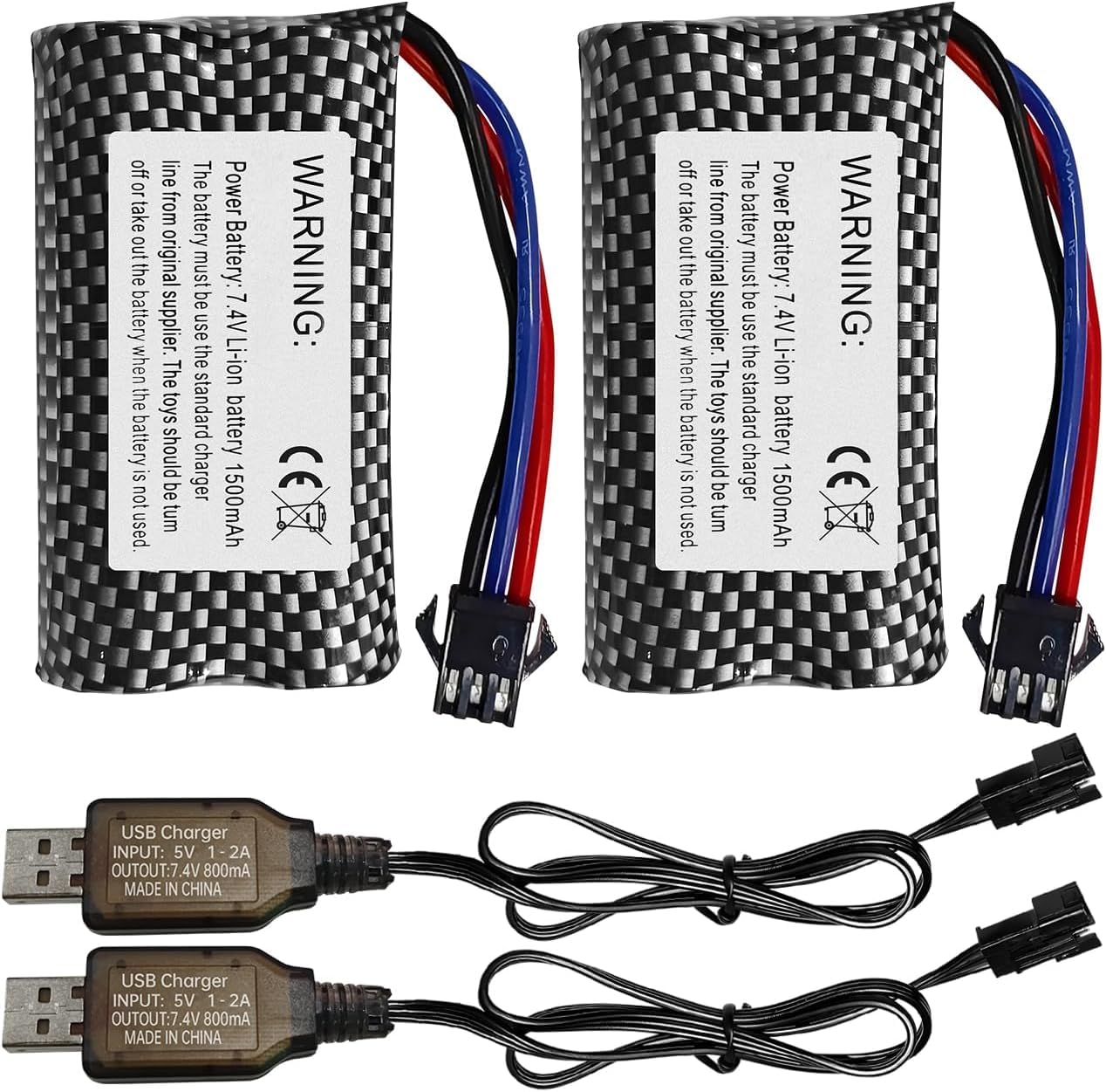 ZYGY 2PCS 7.4V 1500mAh SM-3P Plug Lithium Battery with USB Charging Cable for DE43 DE60 Racing RC Car Battery 1575 Dump Truck Construction Vehicle Toy Car