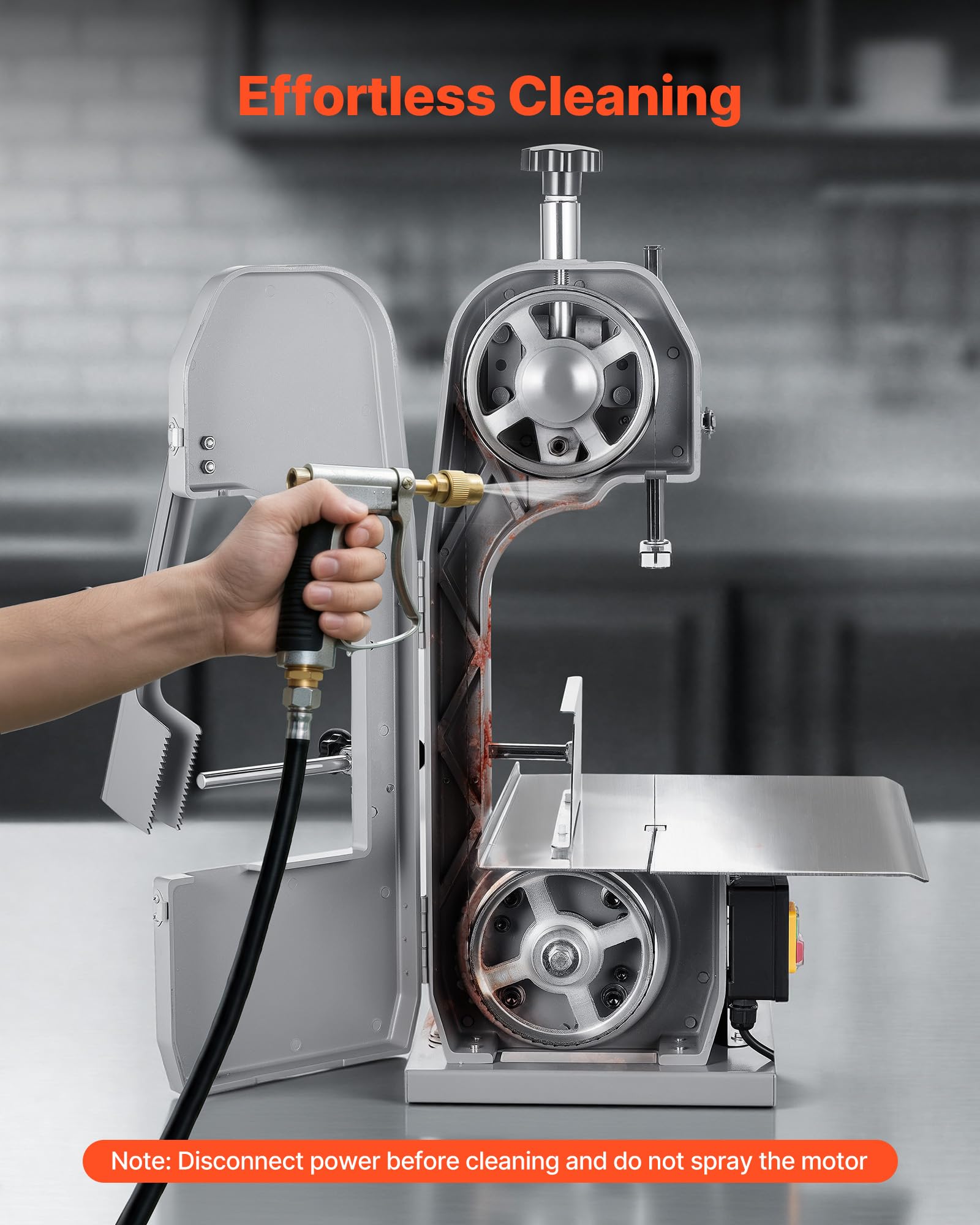 VEVOR Elektrische Fleischbandsäge 1100 W, Knochenschneidemaschine mit Arbeitsfläche (315 x 460 mm), Schnittstärke (0-110 mm) und 7 zusätzliche Ersatzklingen, für Gefrorenem Fleisch, Schweinefleisch