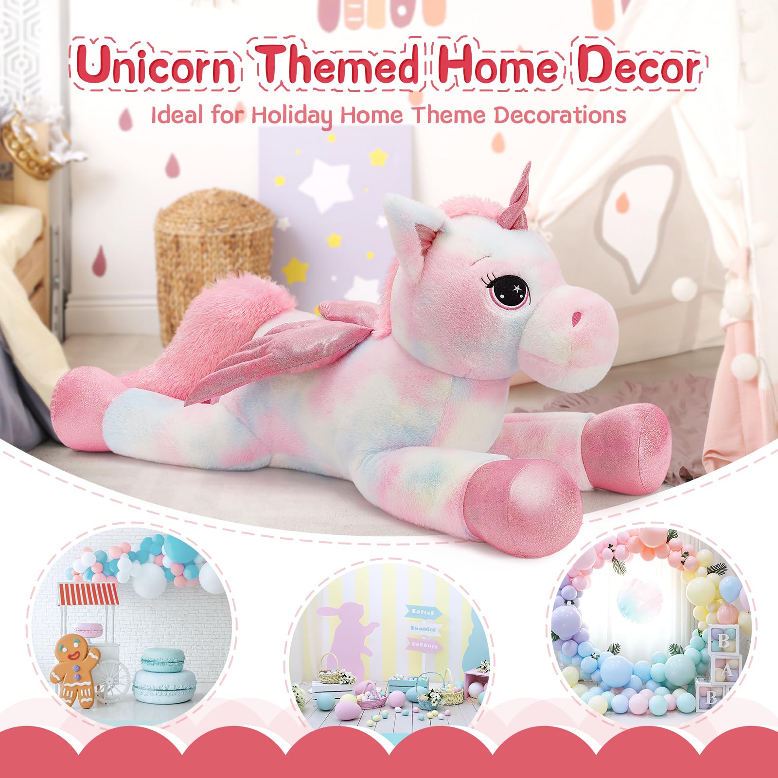 MorisMos XXL Unicorno Peluche Gigante, 110cm Tie-dye Rosa Unicorno Grande con Le Ali, Morbido di Peluche Regalo per Bambini Fidanzata Compleanno Natale