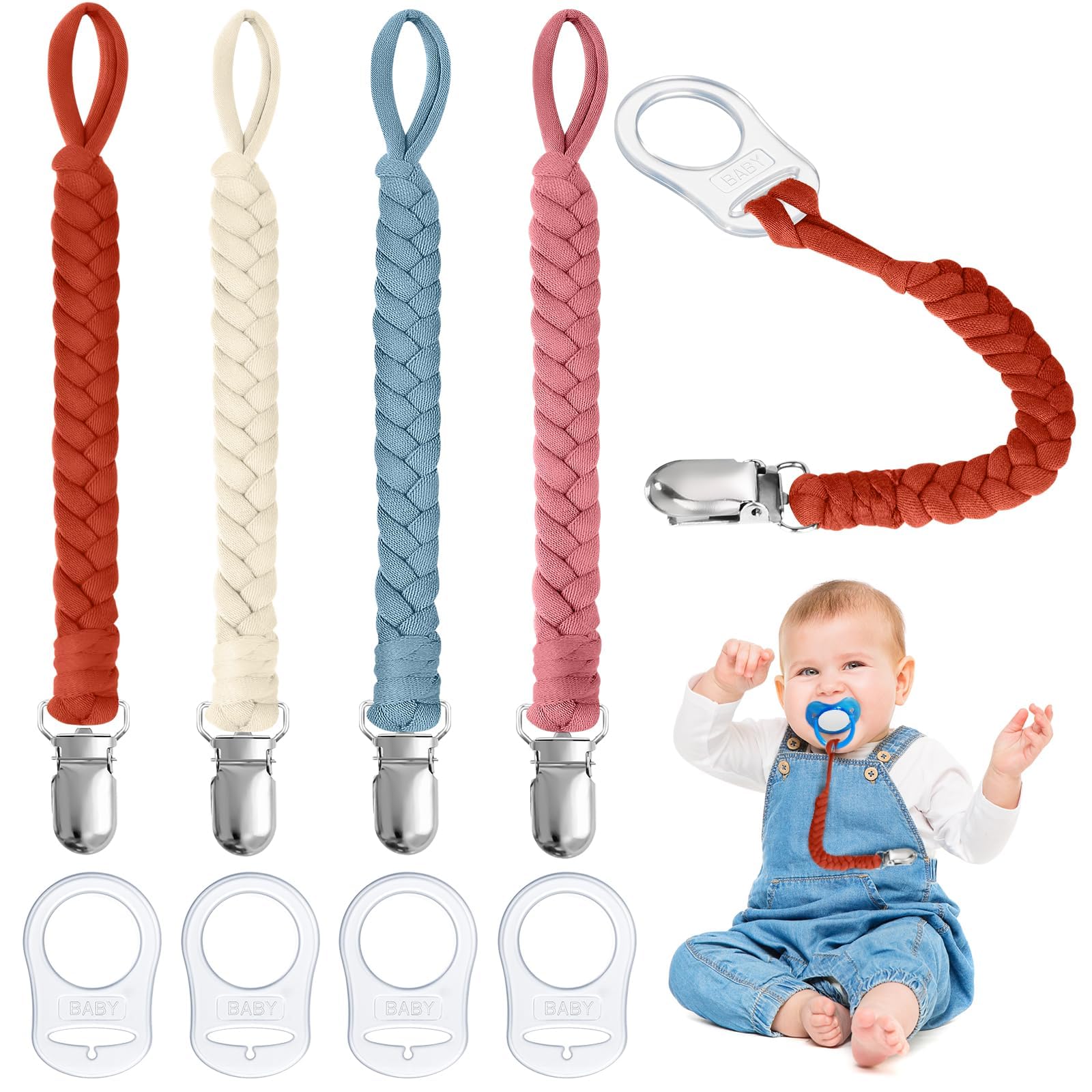 Aolso Dummy Clips Pacifier Chain, 4pcs Dummy Pacifier Chain with 4pcs Clip Adapter, Silicone Ring Adapter, Soother Holder Straps Teething Clip, Teething Toy (Pink/Blue/Beige/Red)