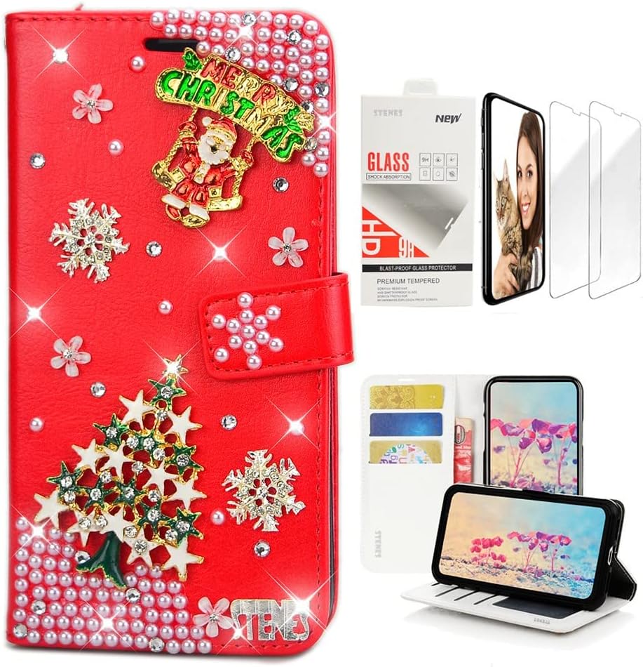 STENES Bling Wallet Case Compatible with iPhone 7 / iPhone 8, 3D Handmade Snow Star Christmas Tree Santa Claus Design Leather Case with Wrist Strap & Screen Protector [2 Pack] - Red