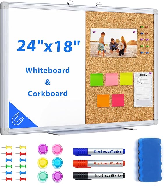Tableau Blanc Liège, Maxtek 24 x 18 Tableau Magnétique de Combinaison pour Mur, Tableau Effaçable Combo pour Bureau à Domicile et Salle de Classe, Tableau de Mémo Monté au Mur avec Cadre en Aluminium