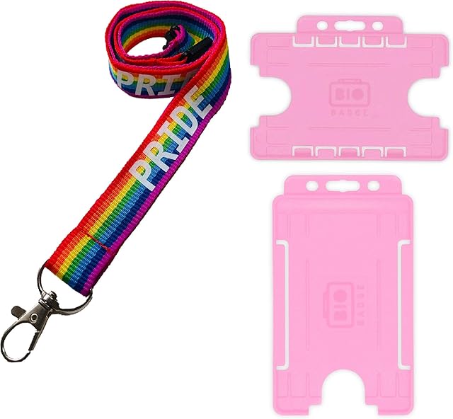 20mm Rainbow Pride Printed Neck Lanyard with Safety Breakaway & Double Pink ID Card Holder (Horizontal Card Holder)