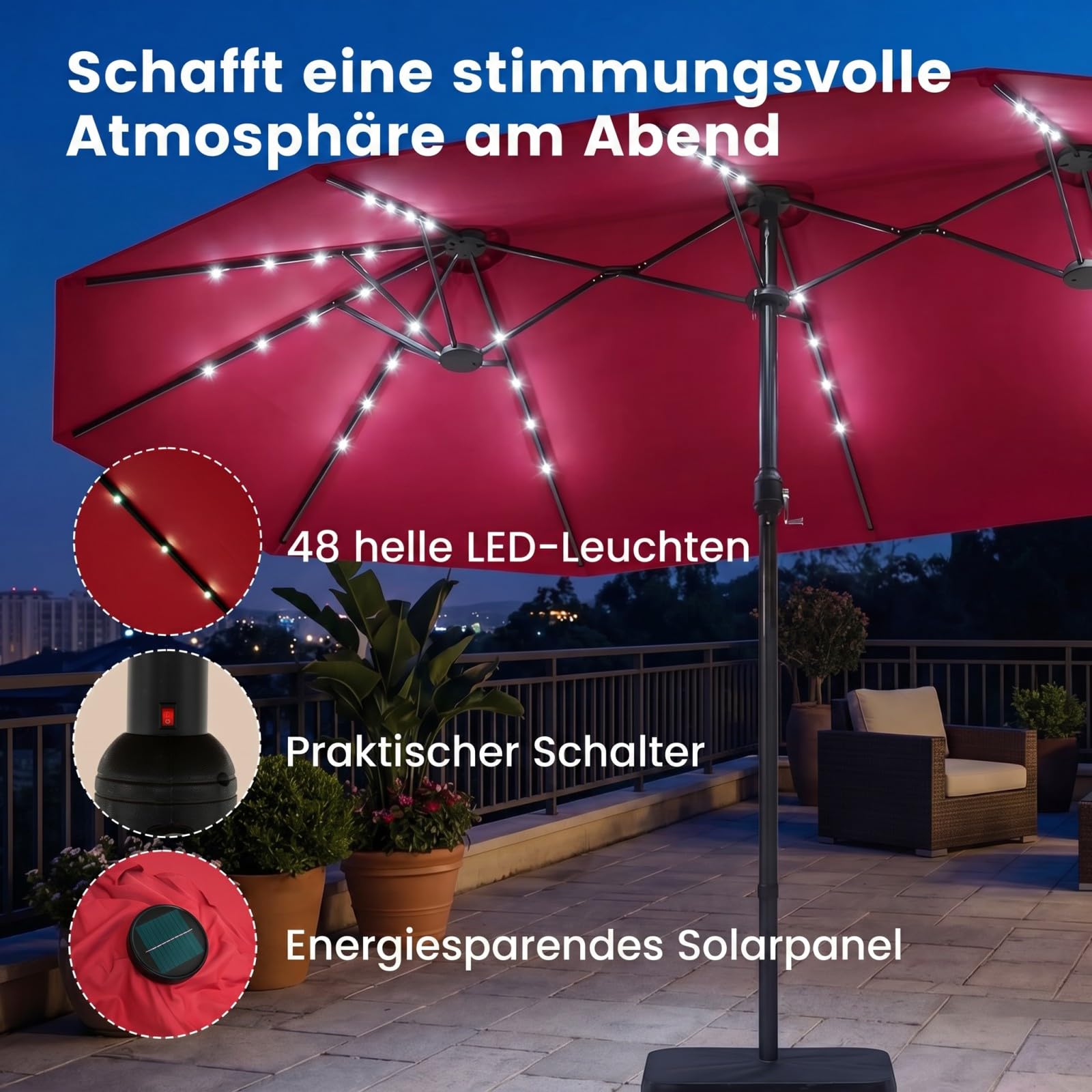 COSTWAY Podwójny parasol przeciwsłoneczny ze stojakiem i oświetleniem solarnym LED, 450 x 260 cm, Podstawa parasola nie jest dołączona, parasol ogrodowy z korbą, parasol tarasowy, do ogrodu (czerwony)