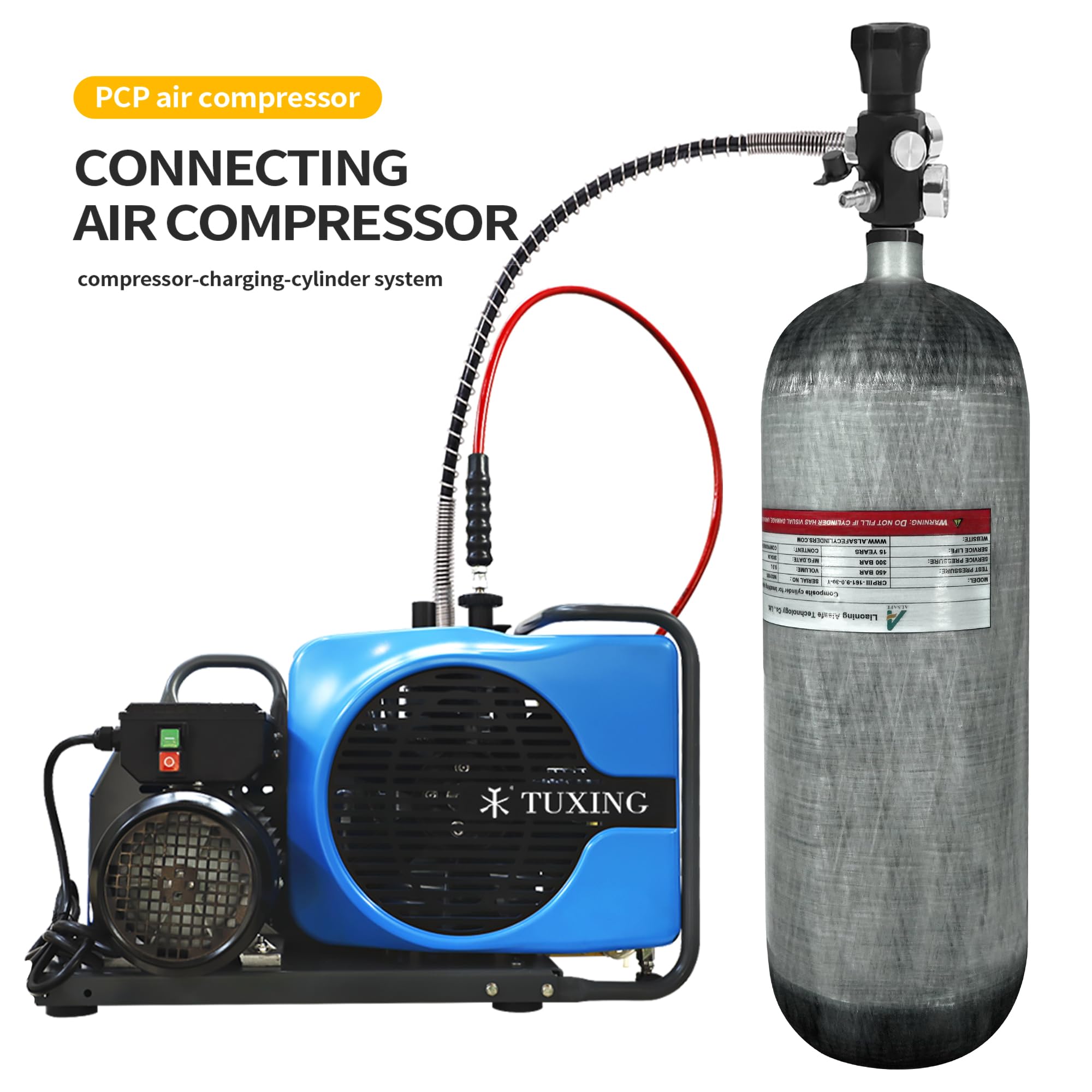 TUXING Tanque de buceo de fibra de carbono de 4500 psi, cilindro compuesto de alta presión de 9 L, 9000 cc, tanque de buceo, cilindro de gas de buceo profundo, tanque de aire Pcp para buceo profundo y