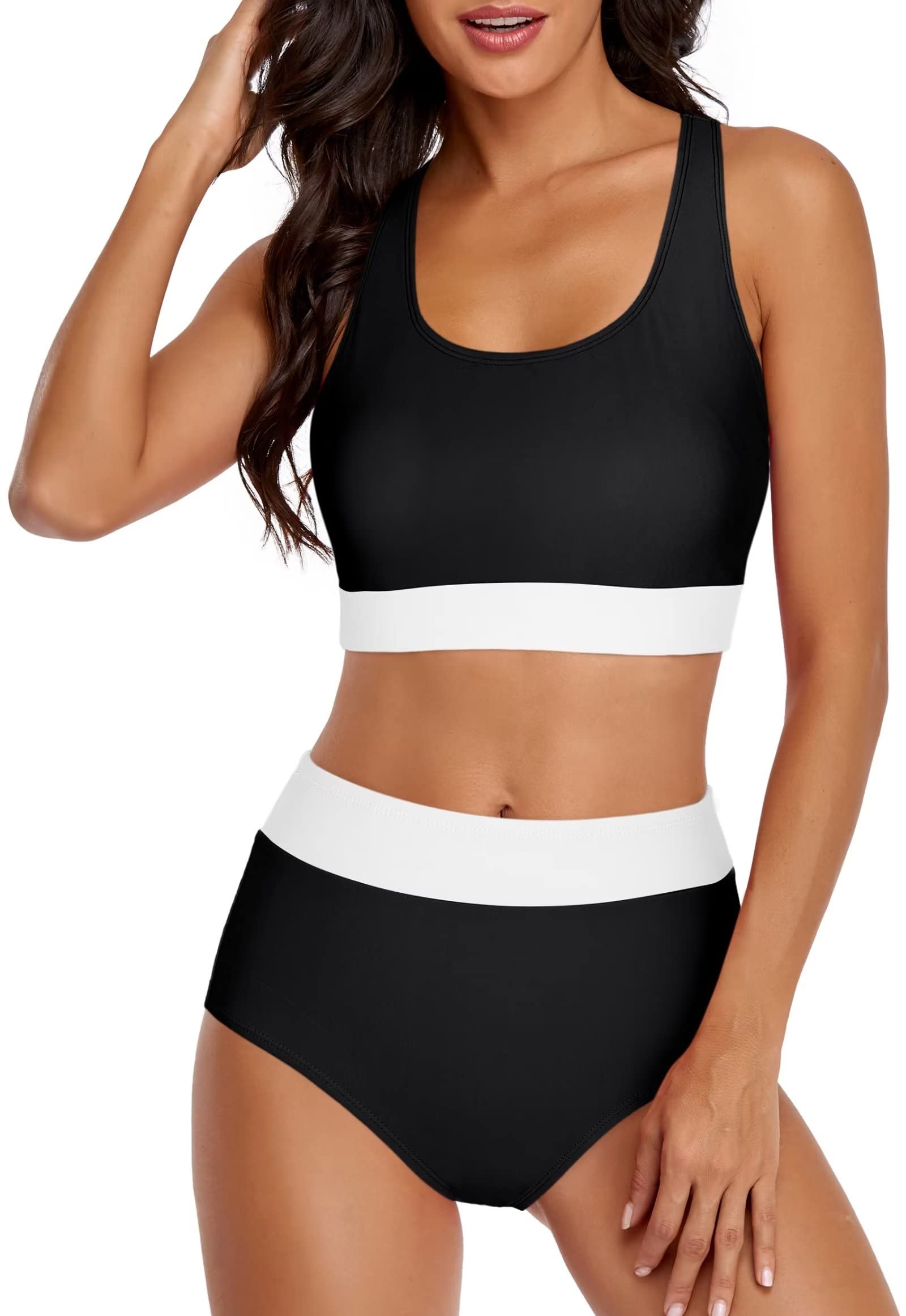 OmichicWomen's High Waisted Two Piece Bikini Set Vintage Swimsuits Halter Top with Bottom Bathing Suit Sporty Swimwear