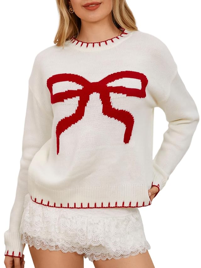 MakeMeChic Womens Bow Knot Sweater Contrast Binding Long Sleeve Round Neck Pullover Knit Tops