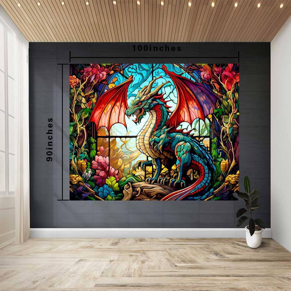 Ine Ive Fantasy Dragon Tapestry Stained Glass Window Tapestry Large Size 100x90Inches Forest Plant Floral Medieval Animals Dragon Wall Decor for Bedroom Dorm Home
