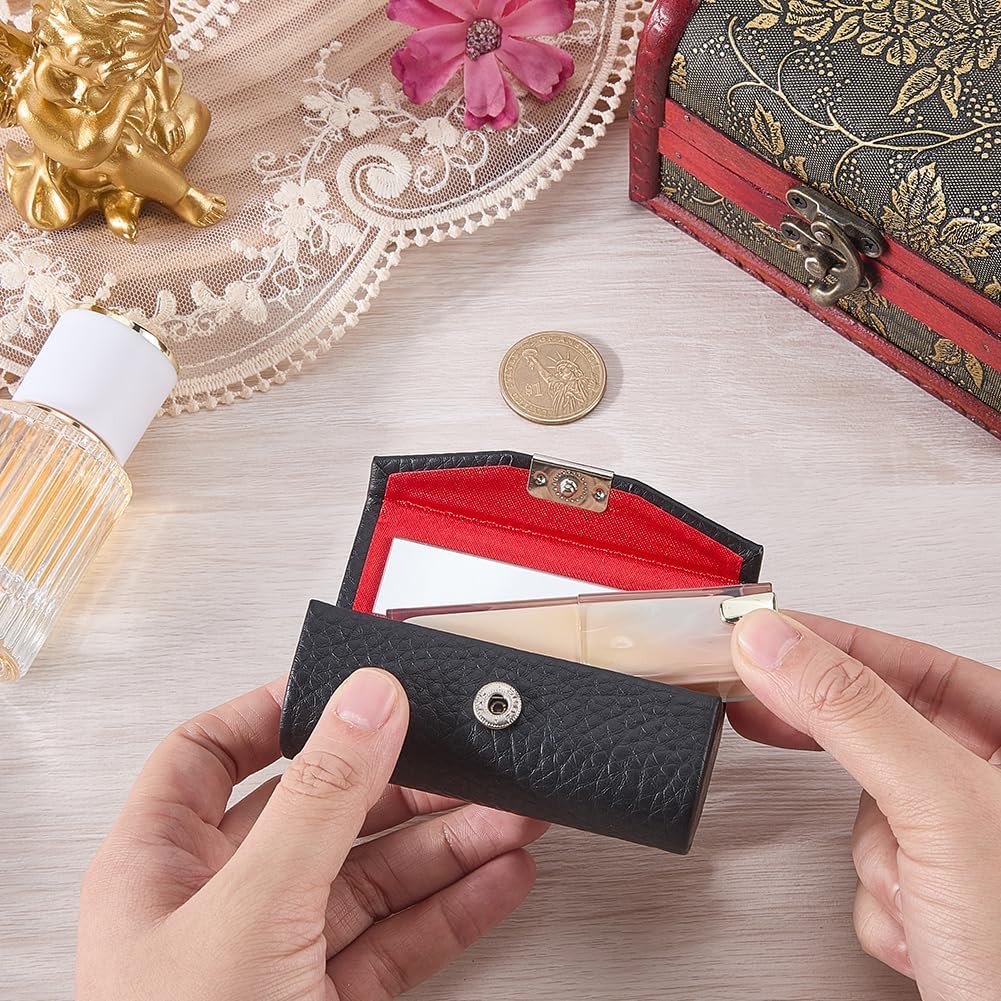 Leather Lipstick Case Holder with Mirror PU Leather Rectangle Makeup Travel Cases Cosmetic Storage Lip Balm Organizer Bag Containers for Purse Wallet Lipstick Travel Black 3.5x1.4x1.3 inch