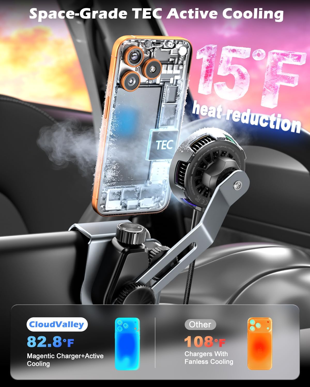 CloudValley Qi2.2 Support de téléphone sans fil 25 W pour Tesla Model Y/3, support de voiture magnétique réglable avec ventilateur de refroidissement et adaptateur 45 W, support métallique extensible