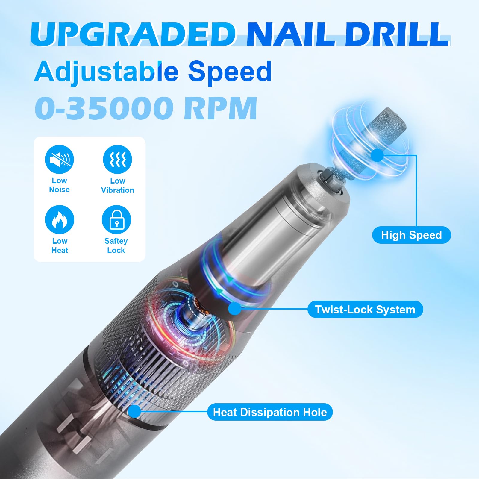 Ralamond Cordless Nail Drill - 35000 RPM Rechargeable Electric Nail File, Professional Kit with Adjustable Speed & Direction, Portable Manicure Tools for Salon & Home (Grey)