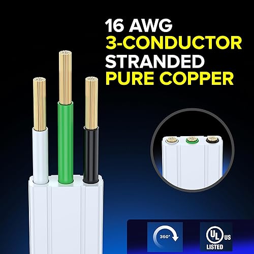 Miniatura 6 de Maximm Cable de extensión de enchufe plano giratorio de 360 de 1 pie, cable de extensión de 3 tomas de corriente múltiple de 16 AWG, cable de