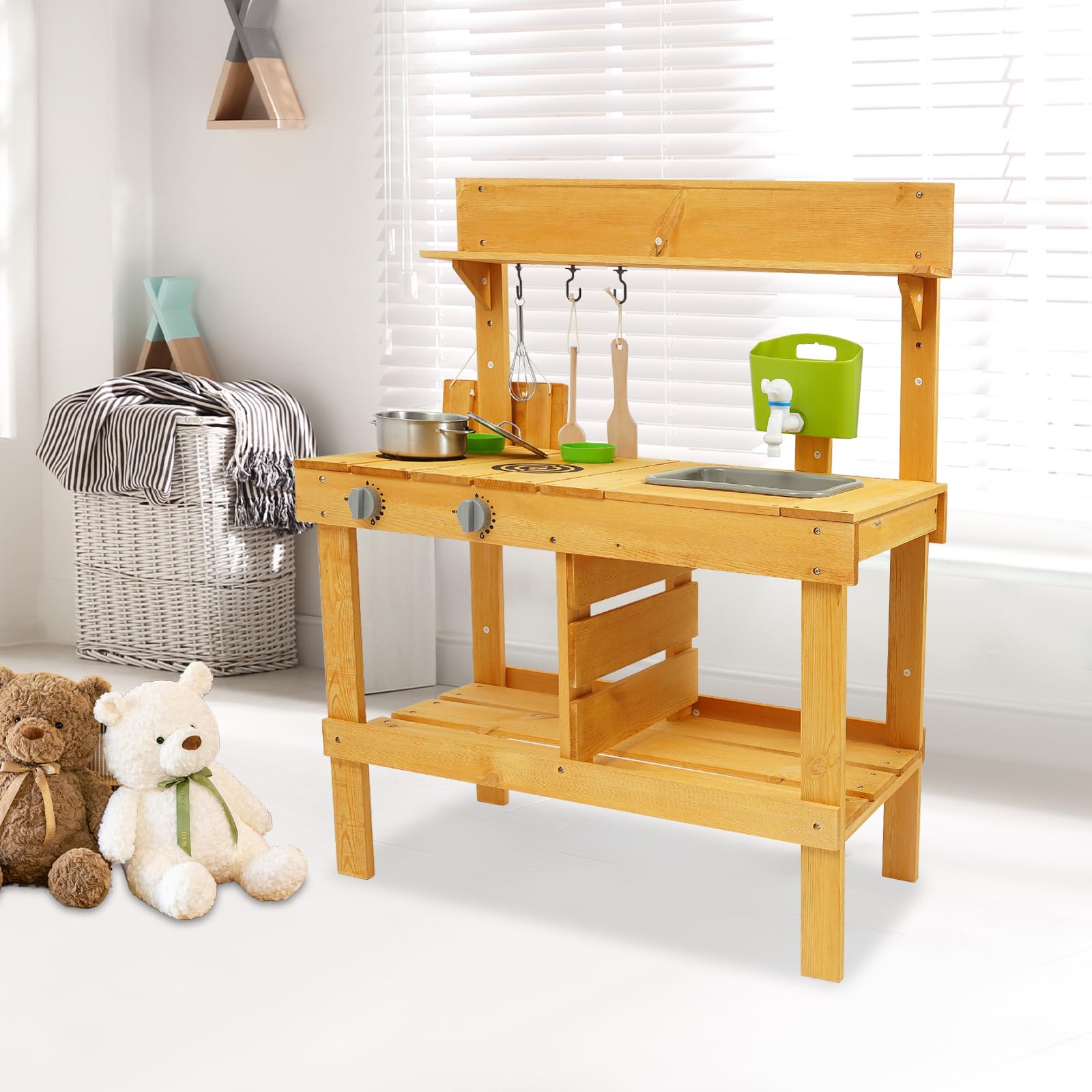 Matschküche Kinder Outdoor Holz Spielküche mit Echtem Waschbecken Küchenzubehör, Gartenspielzeug mit Wasserspender und Töpfen, Mud Kitchen für Gießen Sensorisches Spielen, Montessori Lernspielzeug