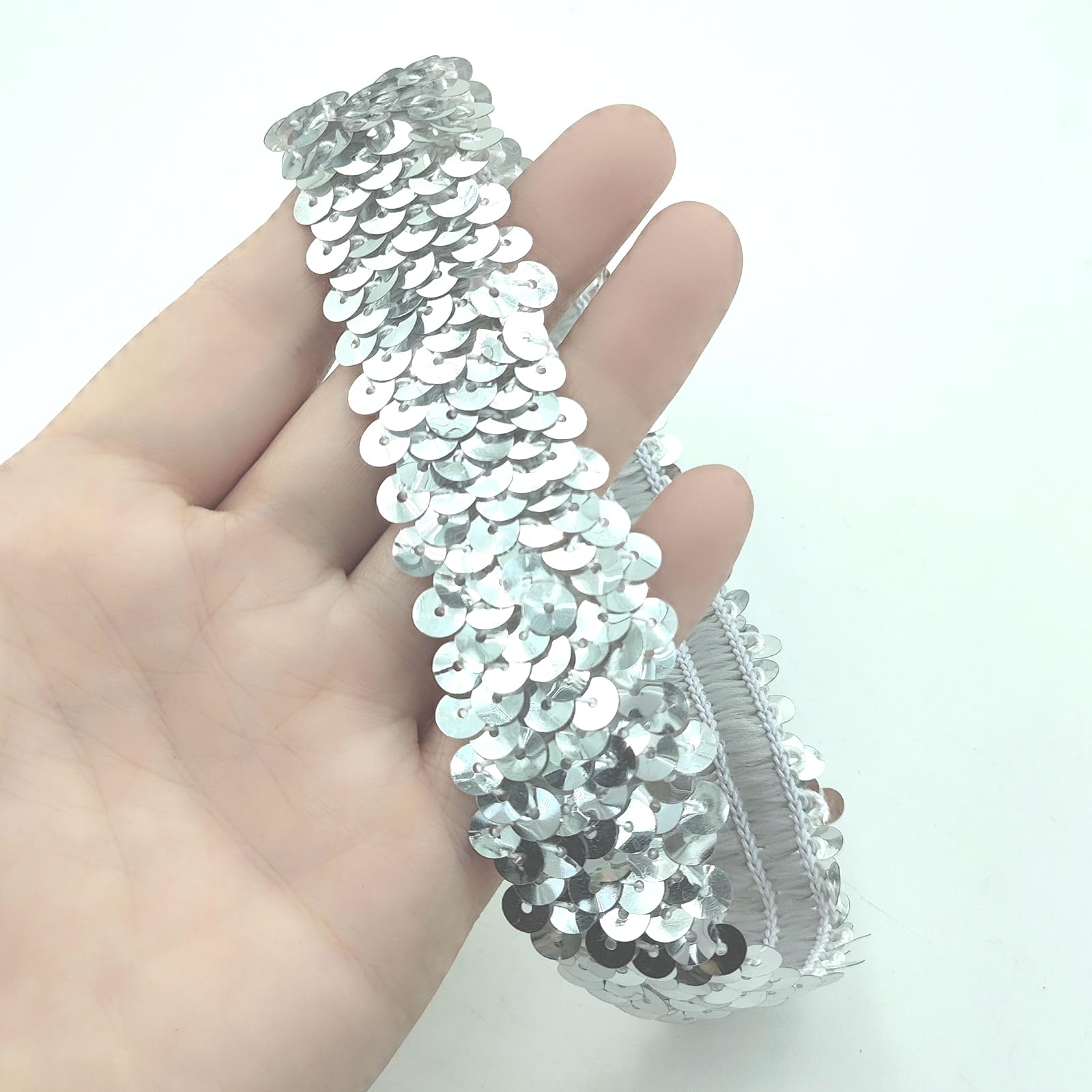 YOOGCORETT 3pcs Silvery Elastic Sequin Trim Glitter Metallic Stretch Sequin for DIY Crafts, Sewing Dress, Costume, Wedding Embellishments Headband and Crafts Sequin 30mm