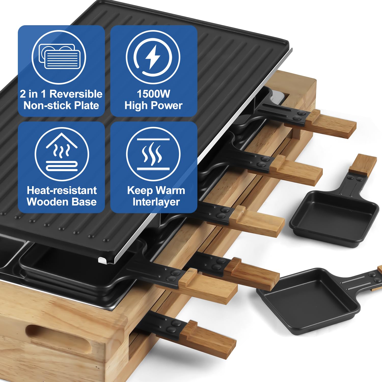 Parrilla de mesa de raclette para interiores, parrilla eléctrica de 1500 W con placa antiadherente reversible 2 en 1/base de madera, parrilla de fiesta con 8 bandejas y espátulas de madera, 4