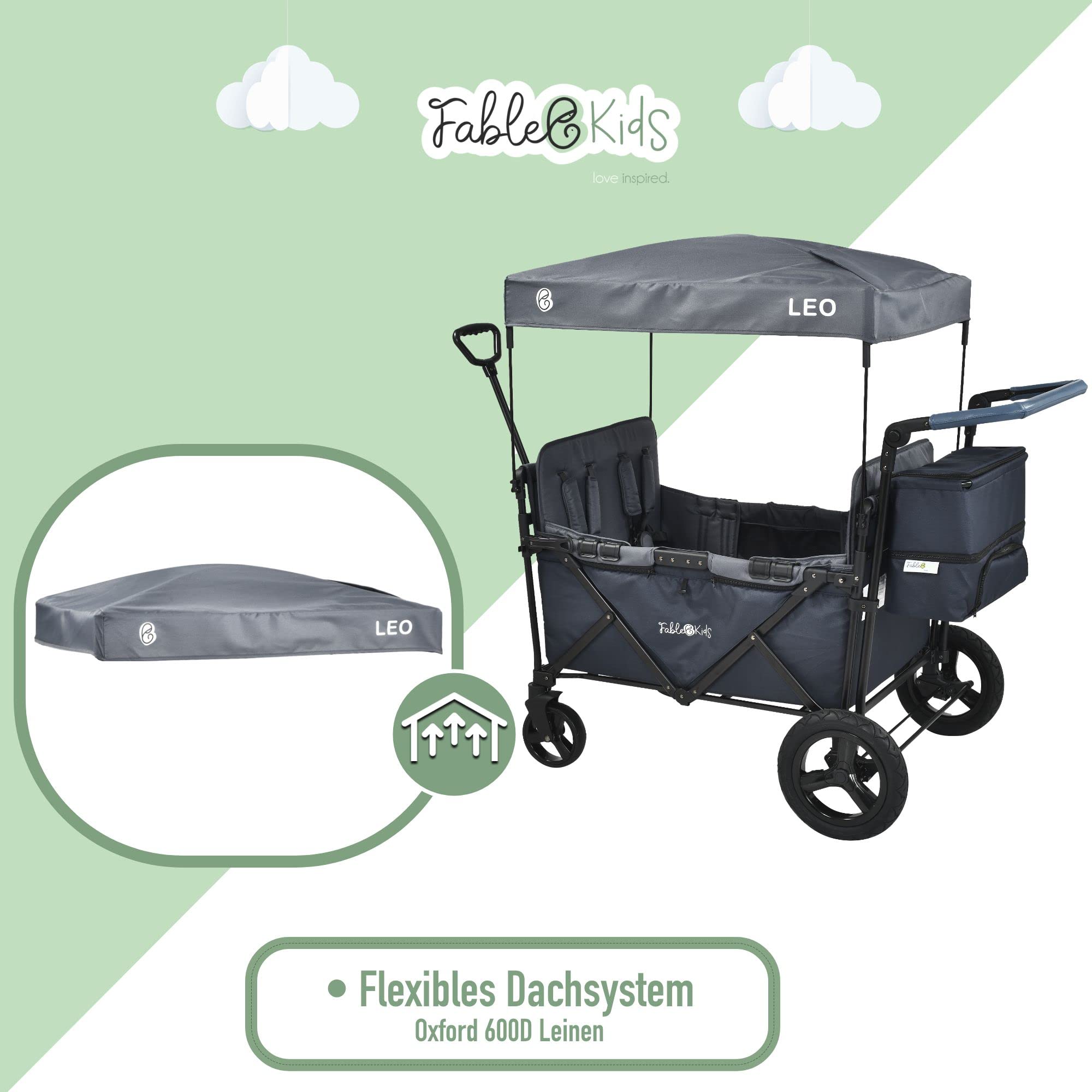 FableKids Bollerwagen Leo X4Plus mit Dach | 4 Sitzplätze | Faltbarer Transportwagen | XXL-Hecktasche | 4X 5-Punkt-Gurt | 360° Offroad Räder | Fußbremse | Oxford 600D | Belüftungsnetze| Blueberry Blue