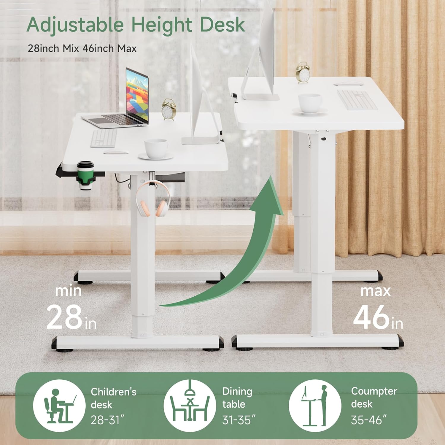 Diagram showing the adjustable height range of the Dripex standing desk from 28 inches minimum to 46 inches maximum, with examples of use cases like children's desk, dining table, and computer desk.