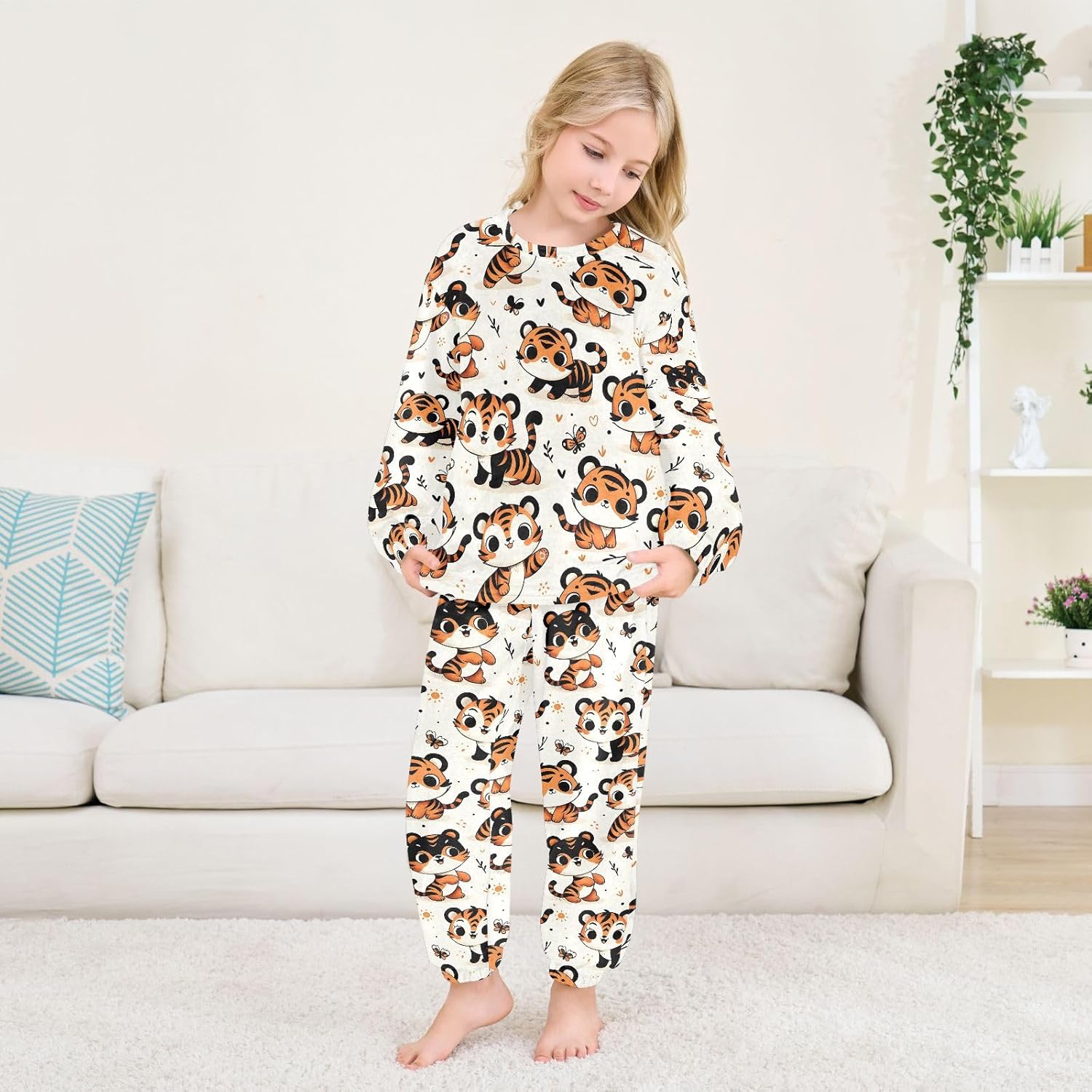 Kids Flannel Sets Pattern with Cute Cartoon Tiger Warm Plush Relaxed Clothing for Boys and Girls