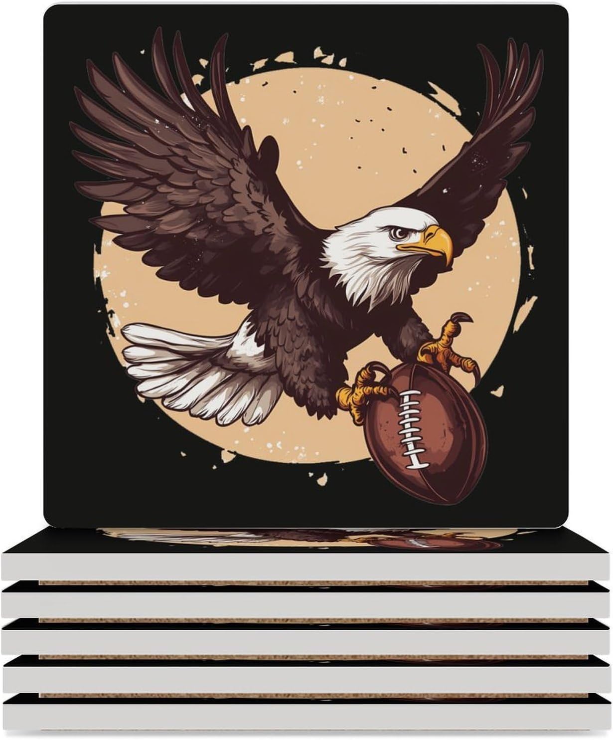 Ea-gles on Football Ball Ceramic Coasters Set Square Drink Coasters Table Coaster for Kitchen Desktop Decor