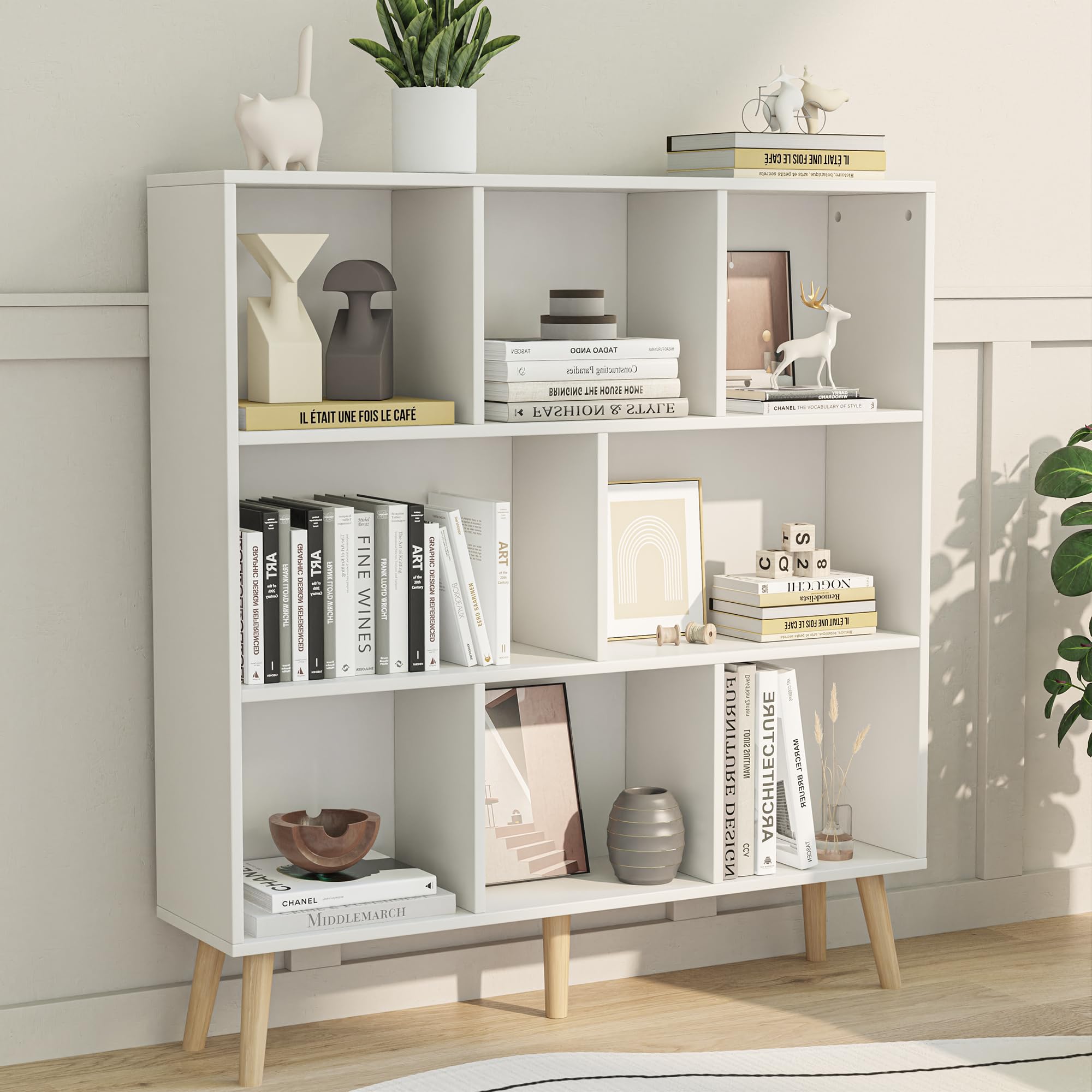 VICLLAX Wood 3 Tier Storage Shelf, 8 Cubes Free Standing Bookshelf with Legs, Display Bookcase for Living Room, Bedroom, Kids Room, Office, White