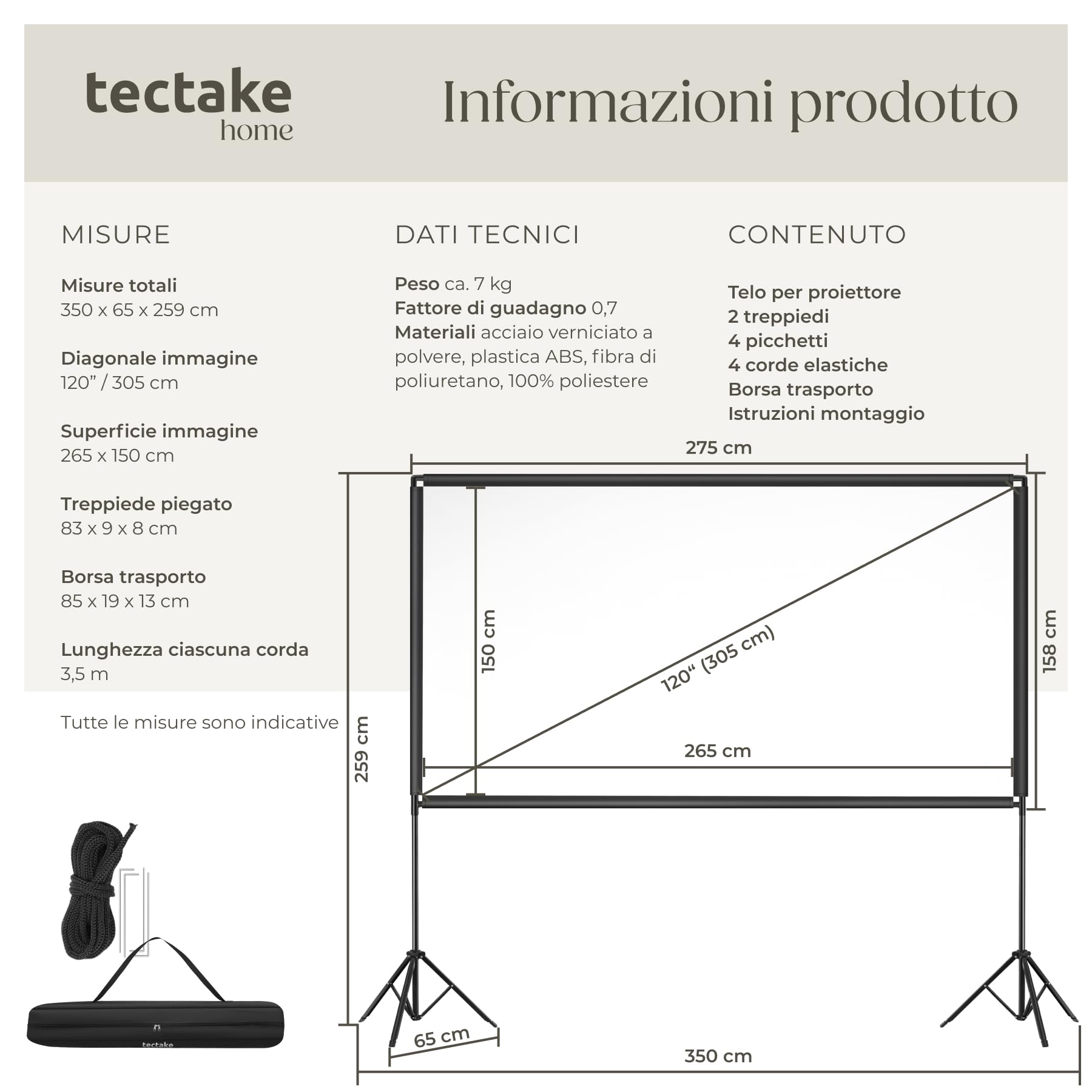 tectake® Telo Proiettore con Treppiede Pieghevoli 16:9 4K HD, 265 x 150 cm, 120", Schermo Proiettore, Borsa Trasporto, Schermo Portatile Cinema Home Theatre telo per proiettore per casa ufficio scuola