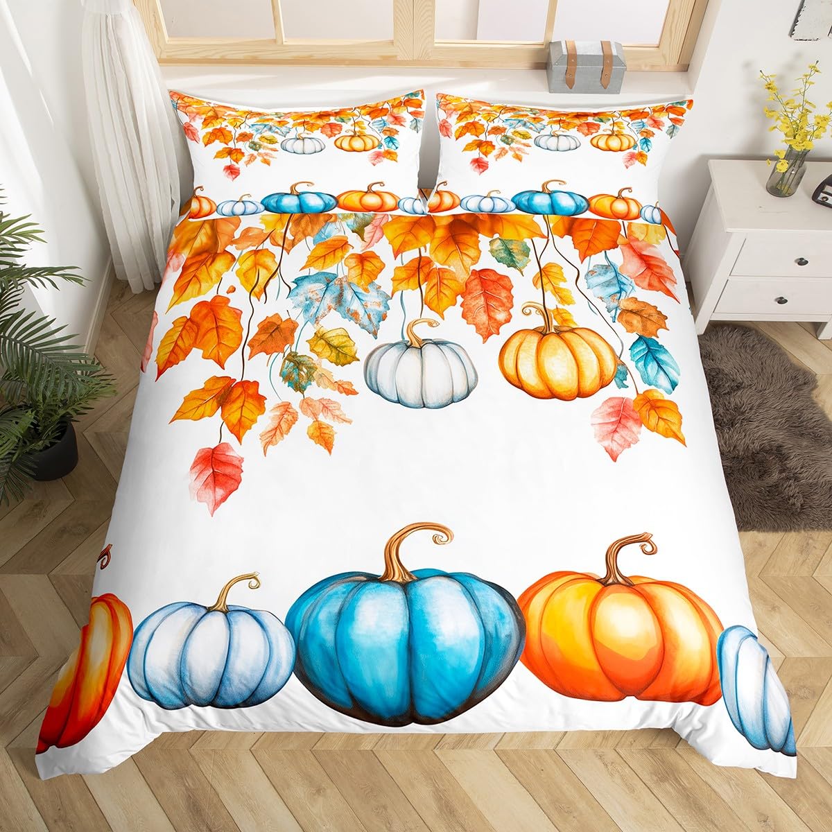 Homewish Dekoracja dyni Super King zestaw poszewek na kołdrę jesienna dekoracja dom wiejski pościel liście klonu poszewka na kołdrę jesienne żniwa tematyczne zestawy łóżek