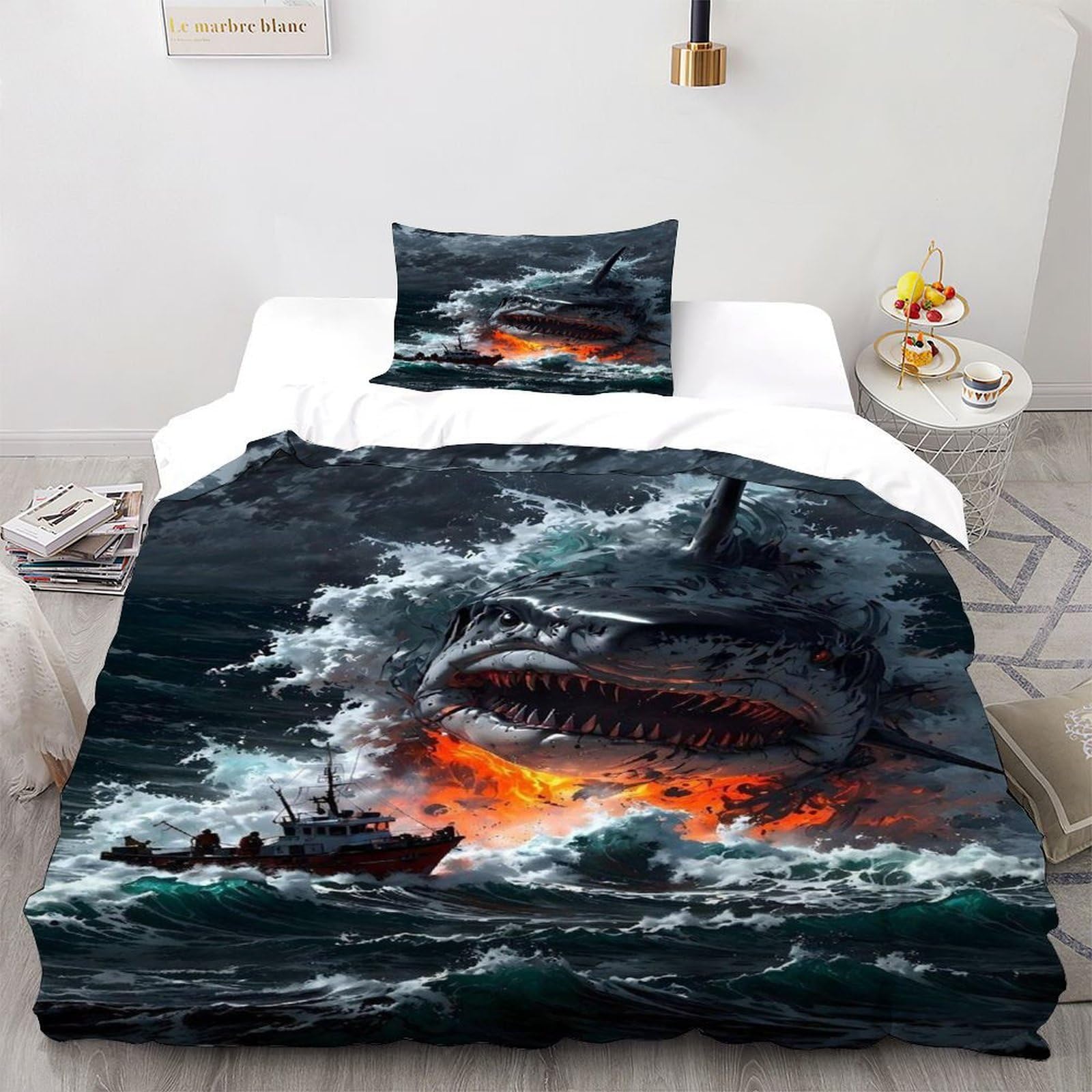 Shark Boat Bedding Set Theme Bedspread Wildlife Marine Animal Animal Theme Duvet Cover Set Microfiber Quilt Cover Universal for All Seasons Pillowcase Single（135x200cm）