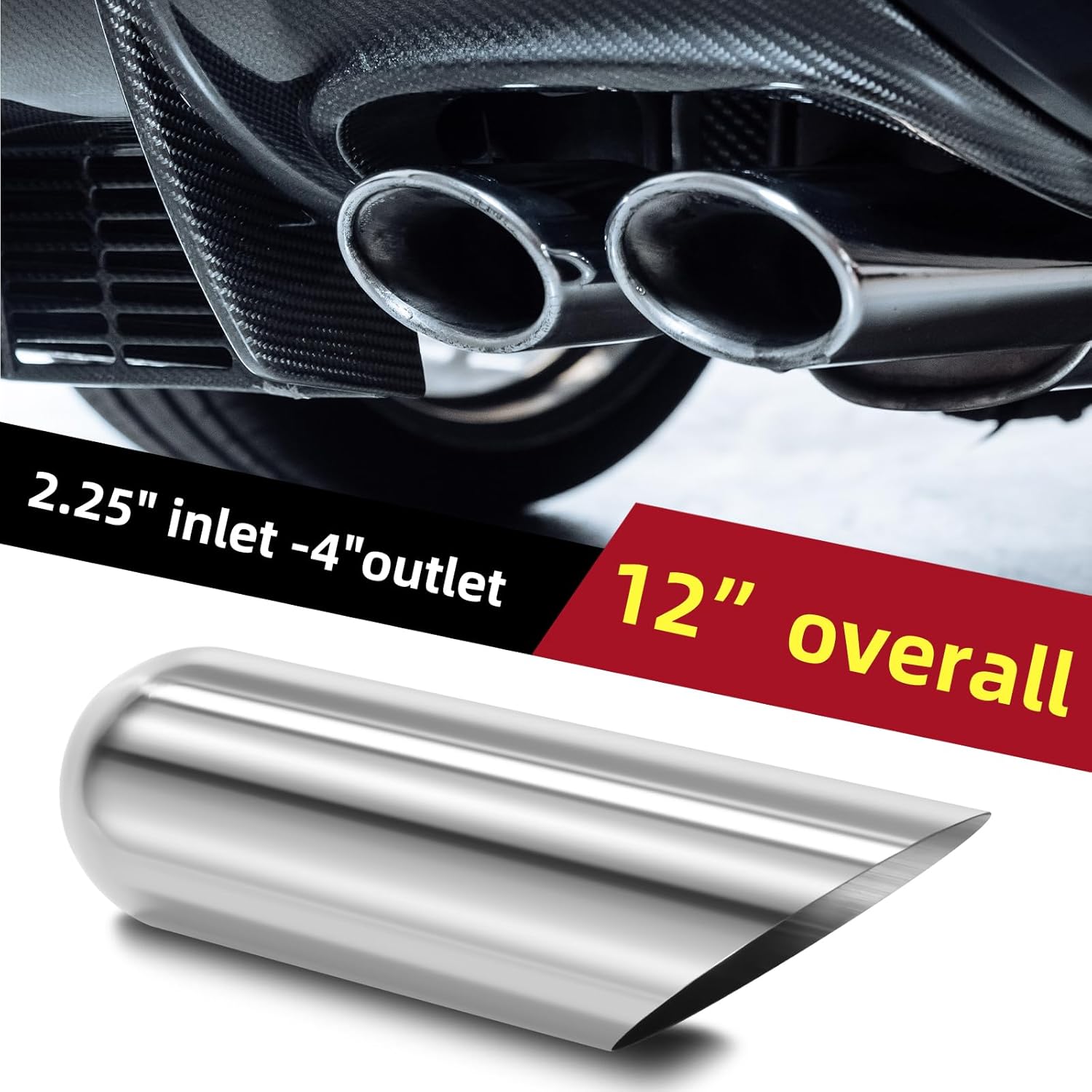 LCGP Exhaust Tip, 2.25" Inlet 4" Outlet 12" Long, Weld On Tailpipe for Car Trucks, Polished, Universal Stainless Steel Diesel Exhaust Tailpipe, Slant Cut DT-244012AC