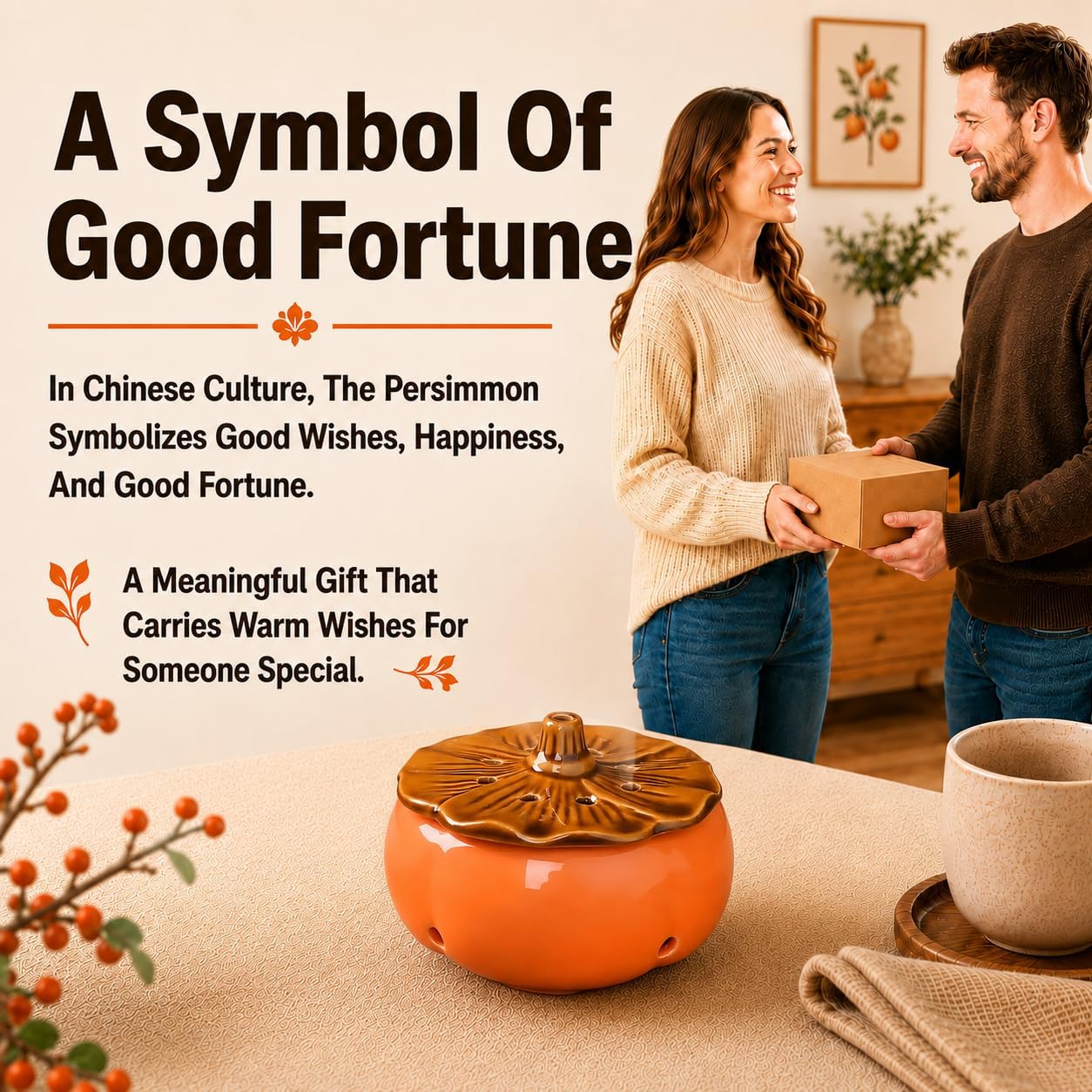 Ceramic Persimmon-Shaped Incense Burner for Sticks, Coils & Cones