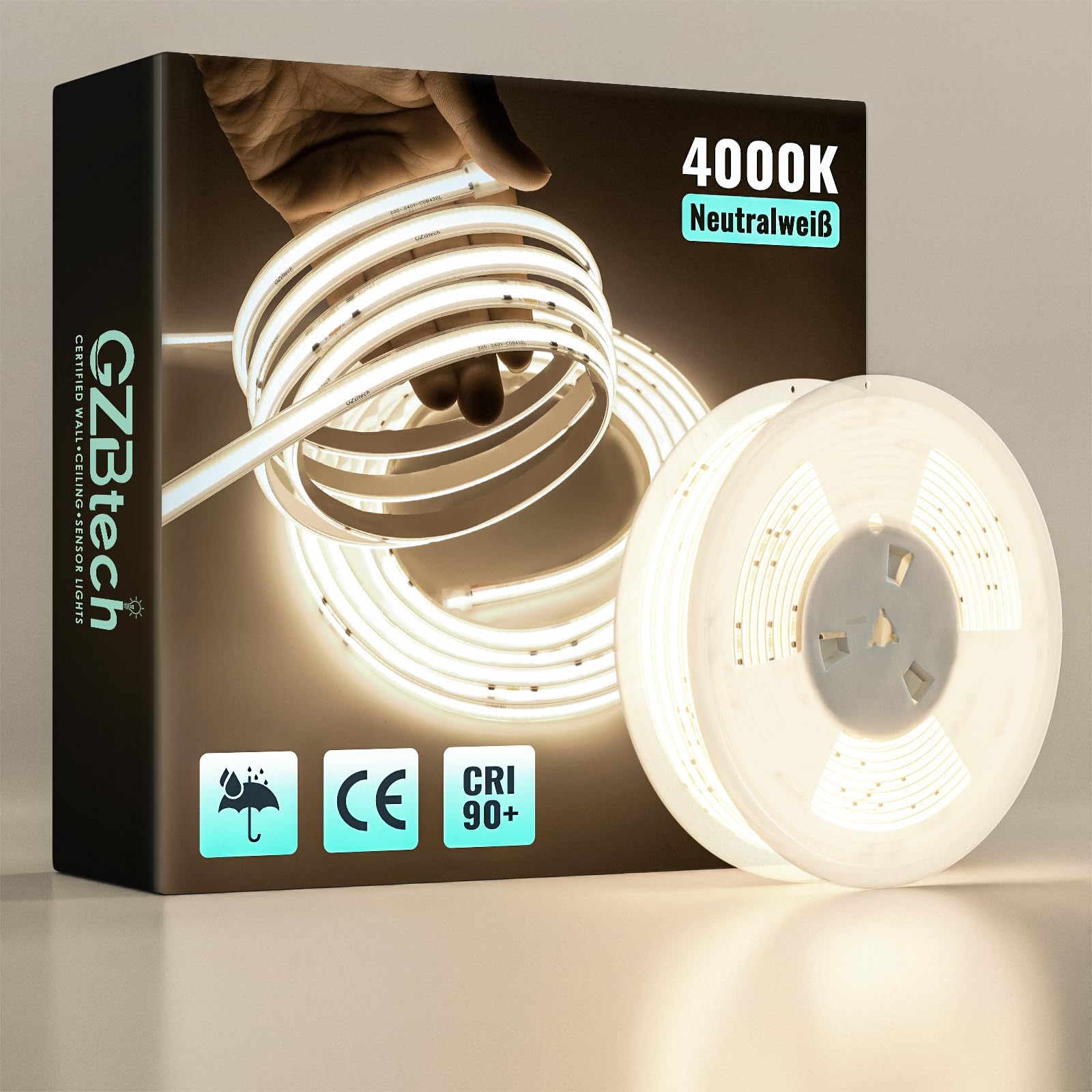 GZBtech 230V COB LED Streifen 20m 4000K Neutralweiß, CRI90+ selbstklebend Flexible silikon Lichtband, 1000lm/m Aussenbereich strip light für TV Hintergrundbeleuchtung schrank beleuchtung Schlafzimmer