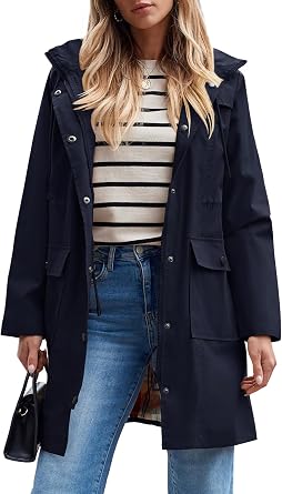 WYZE SaphiRose Womens Waterproof Rain Jacket Lightweight Raincoat Hooded Windbreaker Trench Coat Navy, XX-Large
