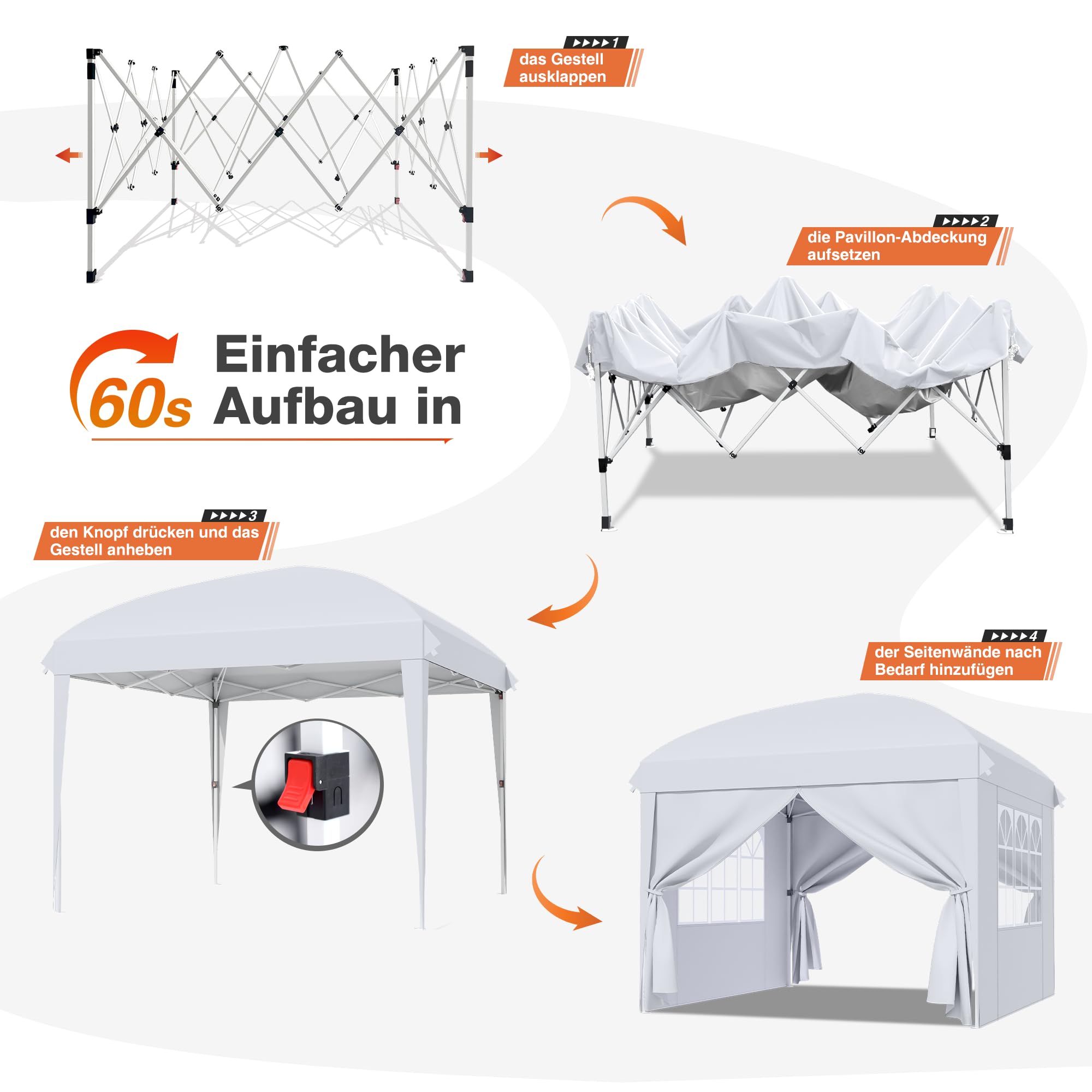 Pavillon 3x3 Faltbar mit Seitenwänden, Faltpavillon Wasserdicht | Pop up Pavillon Stabil Winterfest, Partyzelt mit 4 Gewichte Höheverstellbar, UV Schutz, für Camping Party Garten, Weiß