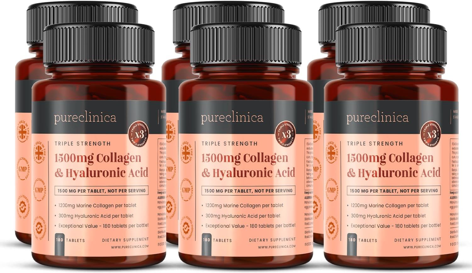 1500mg x 1080 Tablets. 1200mg of UltraColl Collagen & 300mg of Hyaluronic Acid per Tablet. (6 Bottles of 180 Tablets Each - 18 Months Supply)